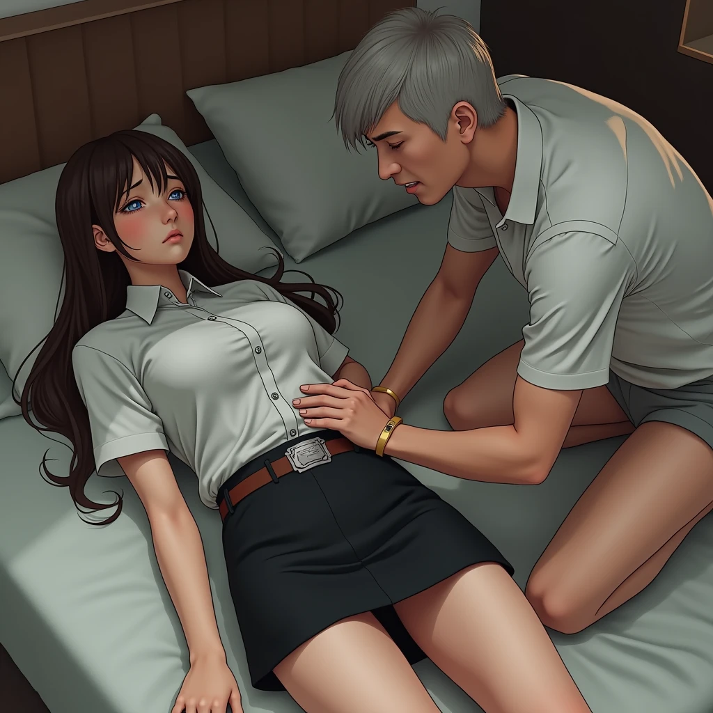 Two adult friends, A Man and a Woman, the man is taking care of the woman in bed, she&#39;s sick, She has blonde hair and blue eyes while the man has black hair and black eyes. 
