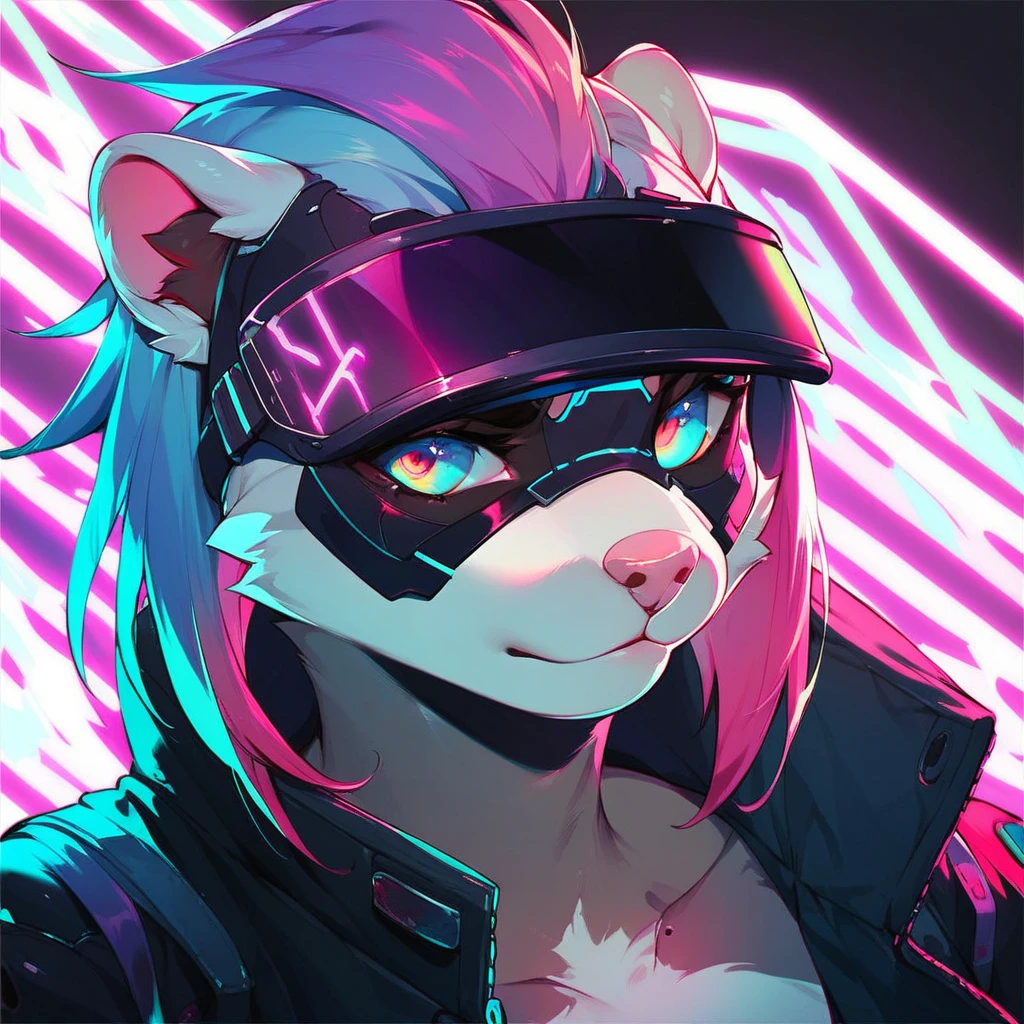 Cyberpunk, ((score_9, score_8, score_7)), ((Expressiveh)), (highly detailed), detailed background, vibrant eyes, anthro, female, Ferret, unique hair styles, black visor, black jacket, black neon lights, headshot