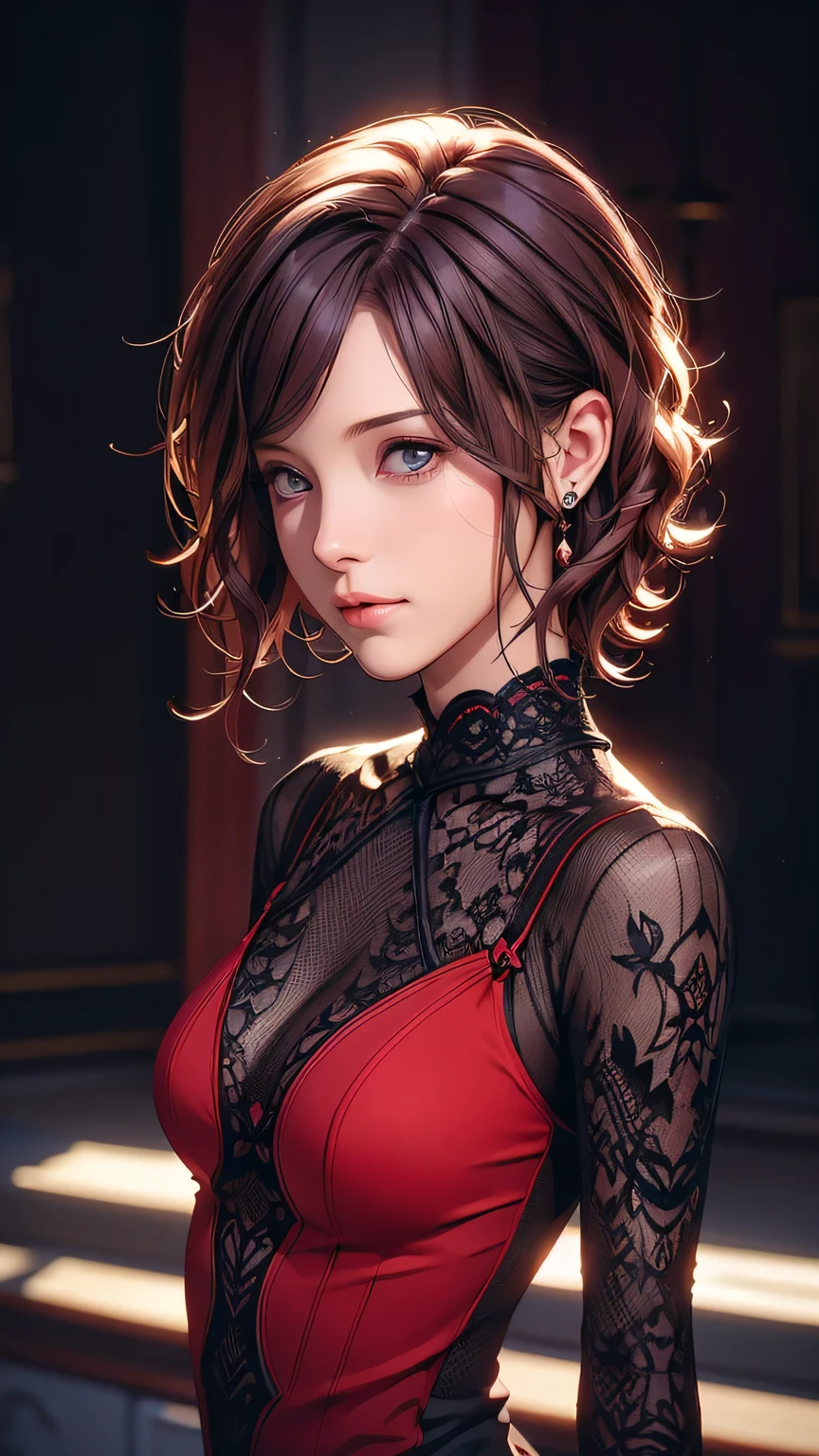 Short wavy hair, beautiful woman, pro lighting, cinematic, (Realistic face details), complicated details, very high details, realistic photos, 8k, super details, UHD, dynamic camera angle, dynamic pose, red iris, dark outfit 