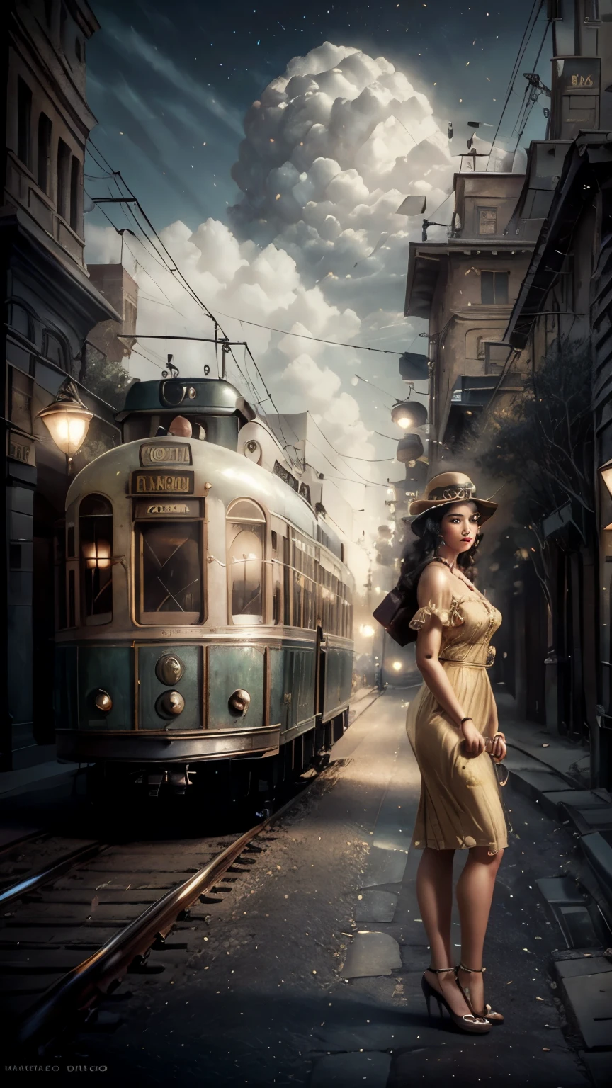 beautiful Mexican woman in the 1930s, old-fashioned dress, waiting by a vintage trolley, detailed face, detailed eyes and lips, long lashes, warm lighting, nostalgic, cinematic, high quality, intricate details, oil painting, masterpiece, cinematic lighting, warm color tones