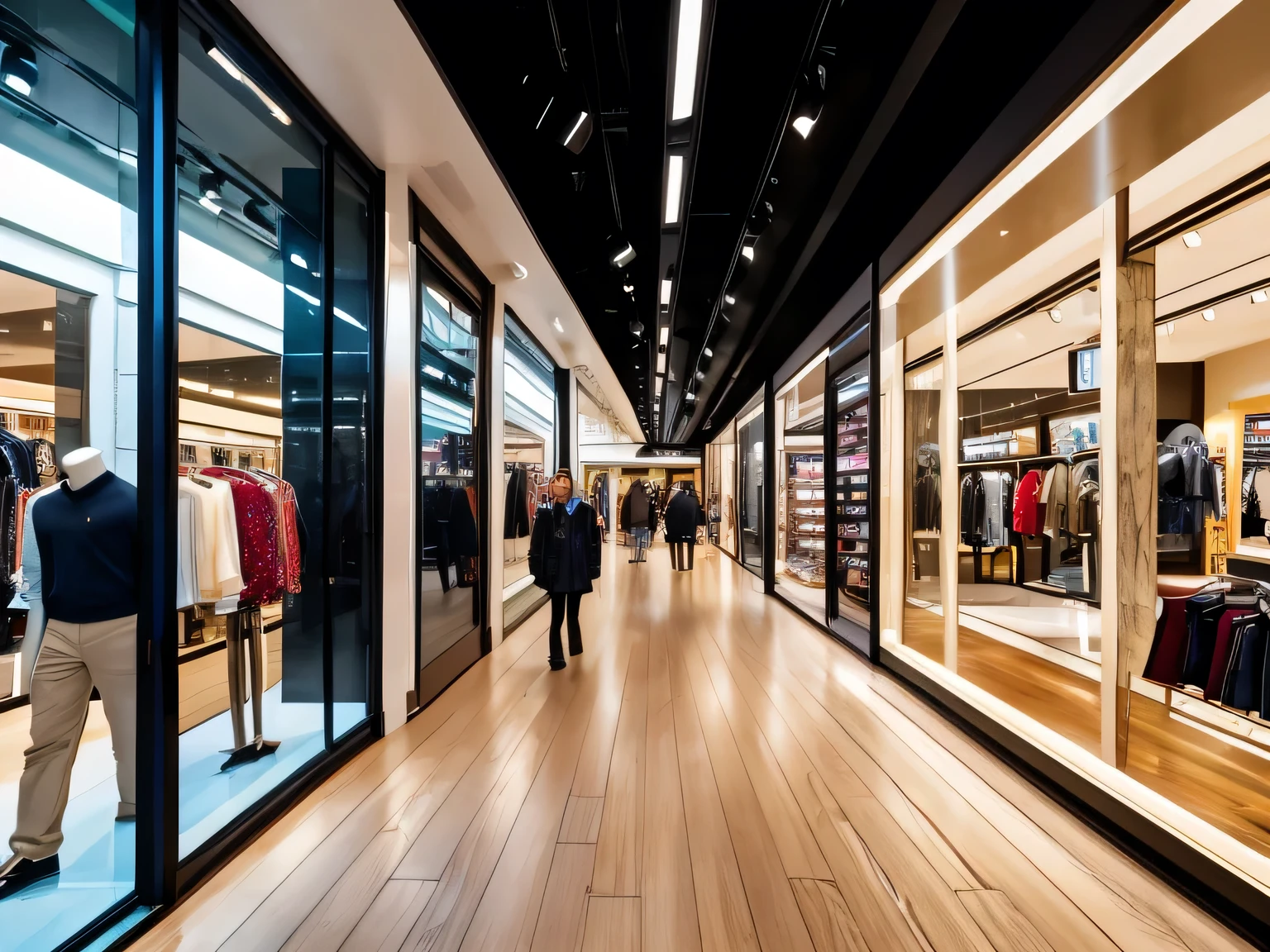 A hyper-realistic, photographic interior of a department store captured with an iPhone 15. The scene is bustling with people walking, browsing clothing racks, and examining displays. The store interior is sleek and modern, with well-lit, elegant displays and mannequins showcasing stylish clothing. Visible through the store’s glass walls, passersby and street traffic create a dynamic, lifelike view from the street level. The atmosphere feels vibrant and lively, with natural lighting streaming in from large windows. The colors are crisp, and the details are sharp, capturing every texture and reflection.