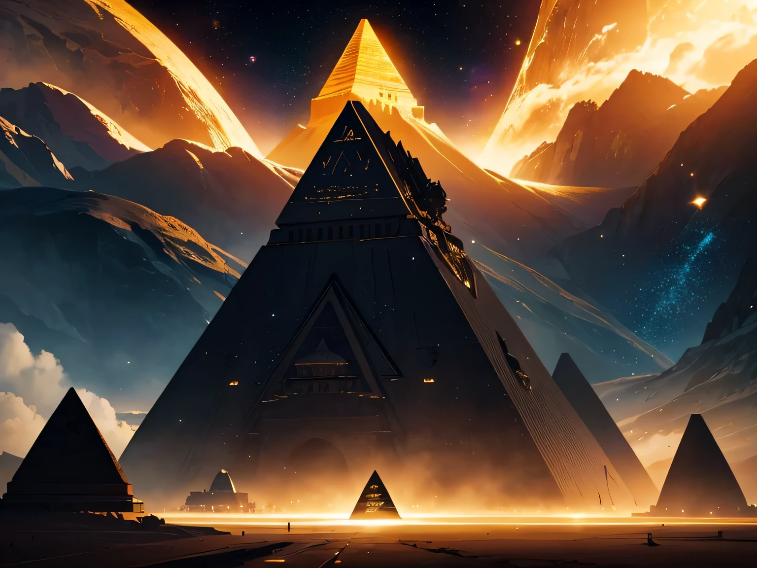 spaceship, Pyramid Shape ,  Color Gold and Black , giant,  traveling through space (metal) (bright) ( high quality) ( masterpiece ) volumetric lighting, epic sci-fi, cinematic lighting,