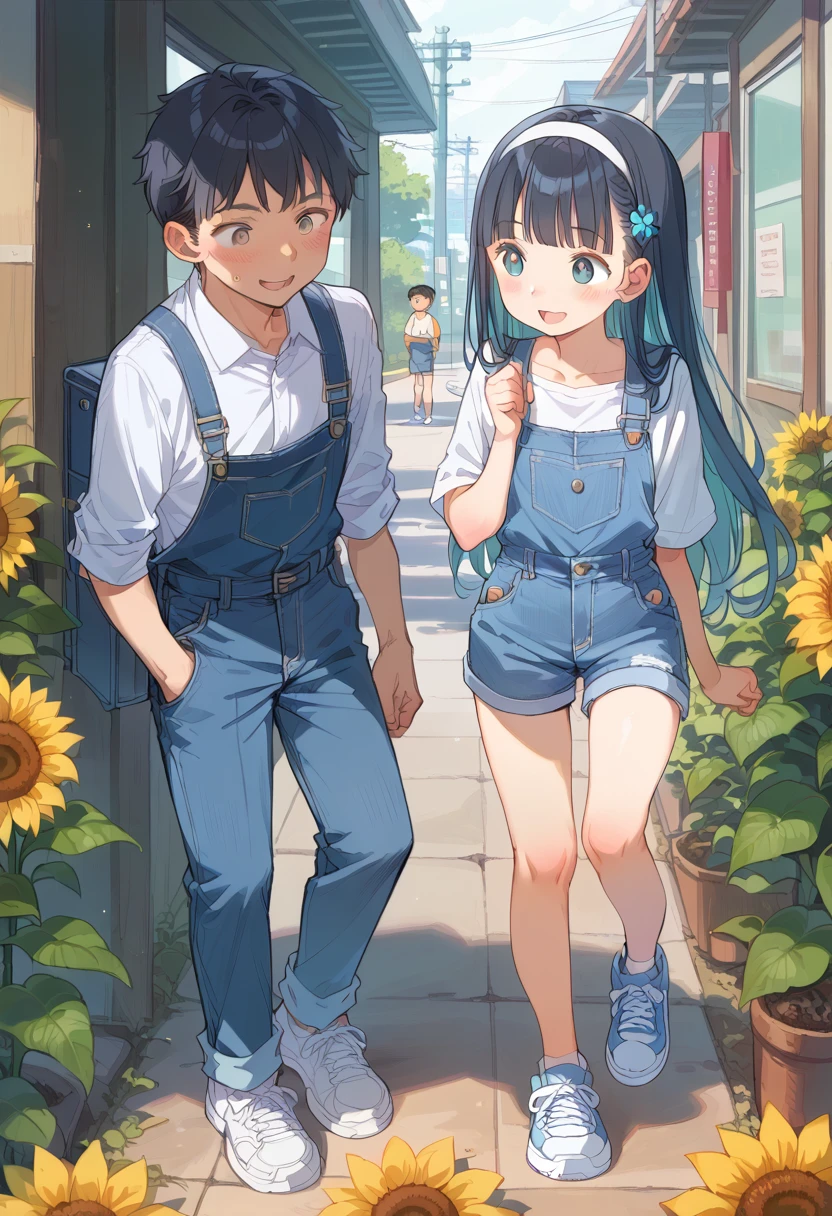 masterpiece、 young girl 、 very cute、 firm chest、 denim overalls、 Black Hair 、Long straight hair、white headband、 Light blue sneakers 、Sparkling Eyes、fun、 innocent smile 、One Man、A male office worker is walking hand in hand with a girl、 sunflower、sunny、A man becomes intimate with a woman