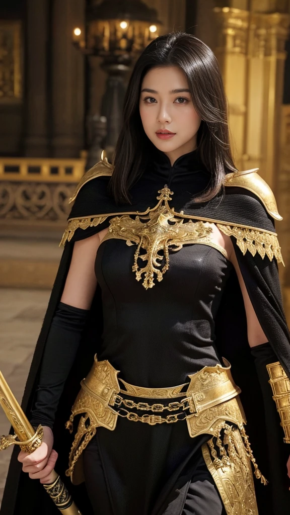  high definition,  anatomically correct ,  Ultra High Definition,  textured skin around the chest, woman、 black belly shorthair stroked on the back 、 big breasts at the temple、((( fantasy world with a cape in black and gold armor with attachments))), Swordsman、 Walking Here 、The background is a medieval European cityscape at night 、