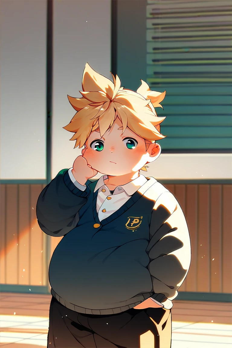 anime style, one boy, male *****, Kagamine Len, chubby body, school uniform, chubby belly button exposed, standing in a room, rubbing his cheek, looking at his belly