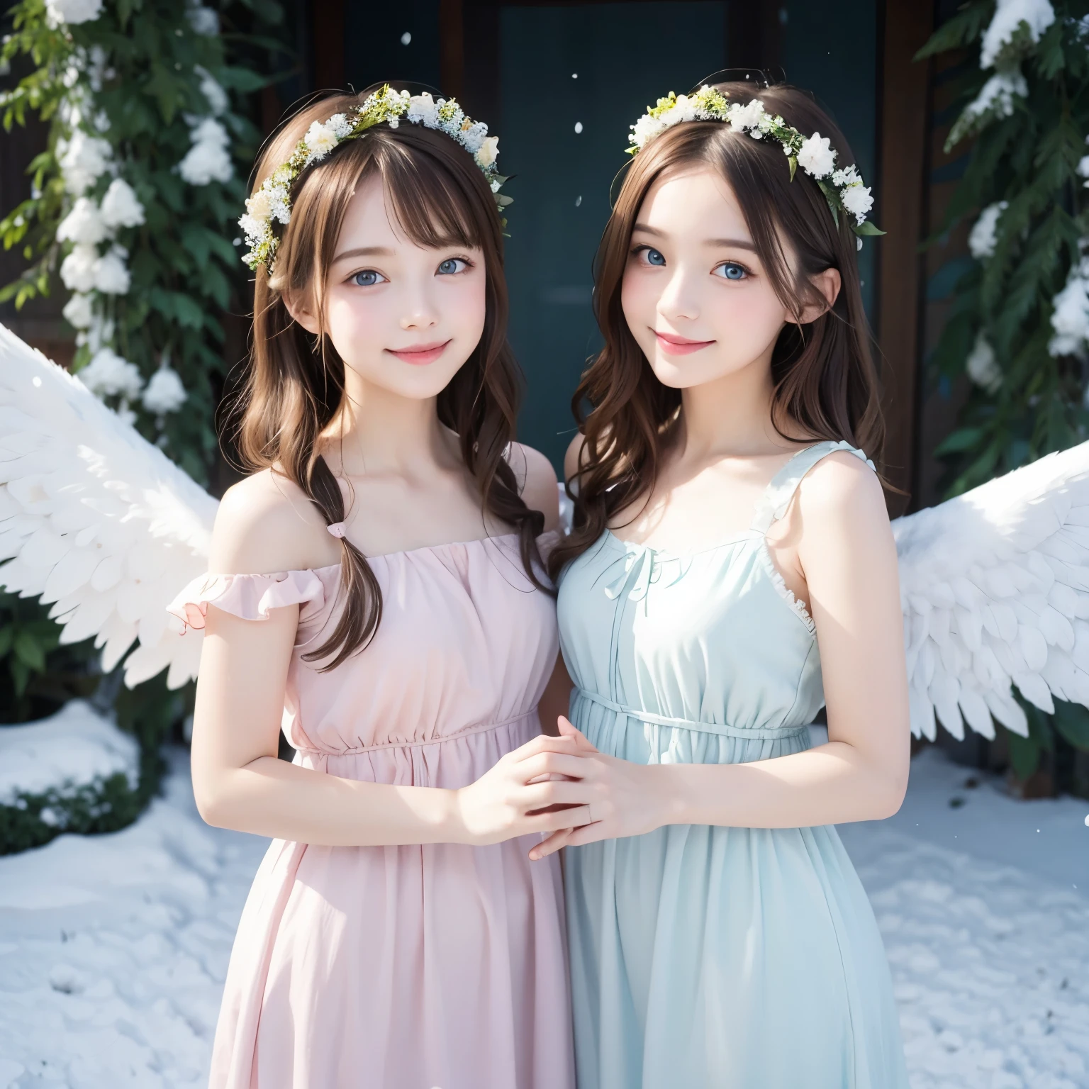 high quality, Pastel Painting, Soft atmosphere, Twin girls angels, cute, White Wings , Smile happily, Short brown hair in different colors, One with blue eyes, A person with green eyes, Dresses of different colors, flower hair accessories , upper body ,snow,Snow