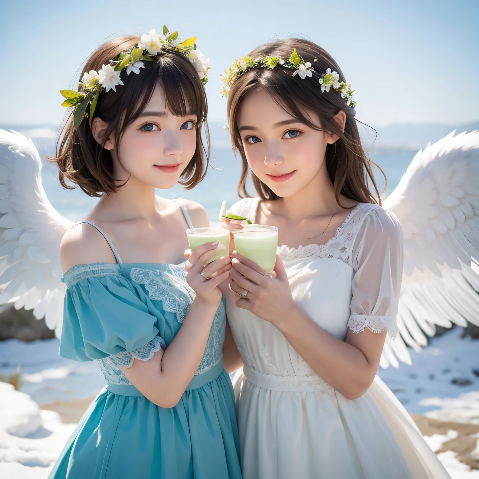 high quality, Pastel Painting, Soft atmosphere, Twin girls angels, cute, White Wings , Smile happily, Short brown hair in different colors, One with blue eyes, A person with green eyes, Dresses of different colors, flower hair accessories , upper body ,snow,Snow