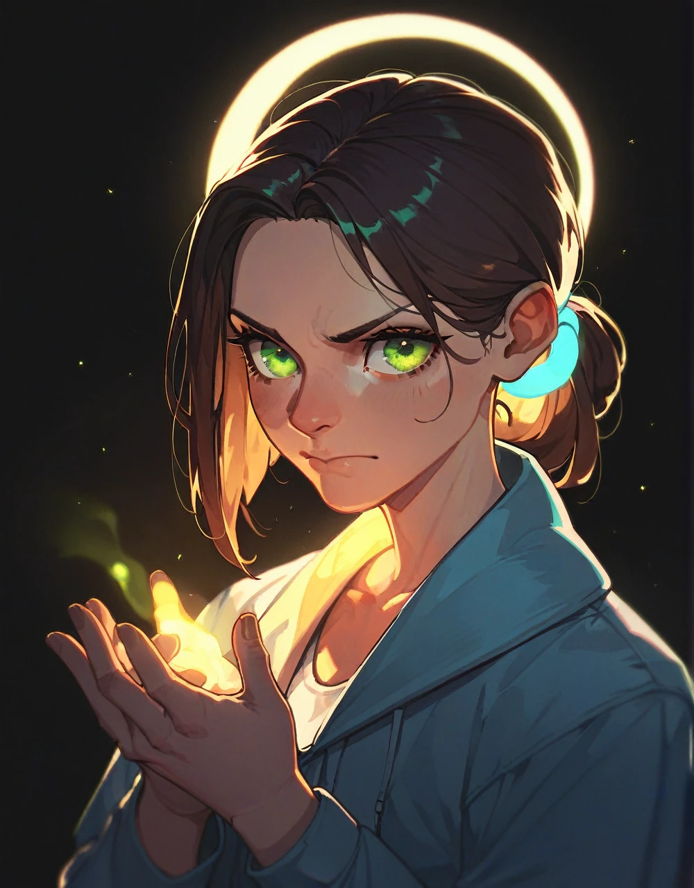 1 Girl， Brown Slanted Ponytail ， green eyes ， black background， glowing golden lines in their hands，Frown，The god in charge of physics ，Holiness，Movie Lighting， gods like ，Messy，Smile，Strange characters 