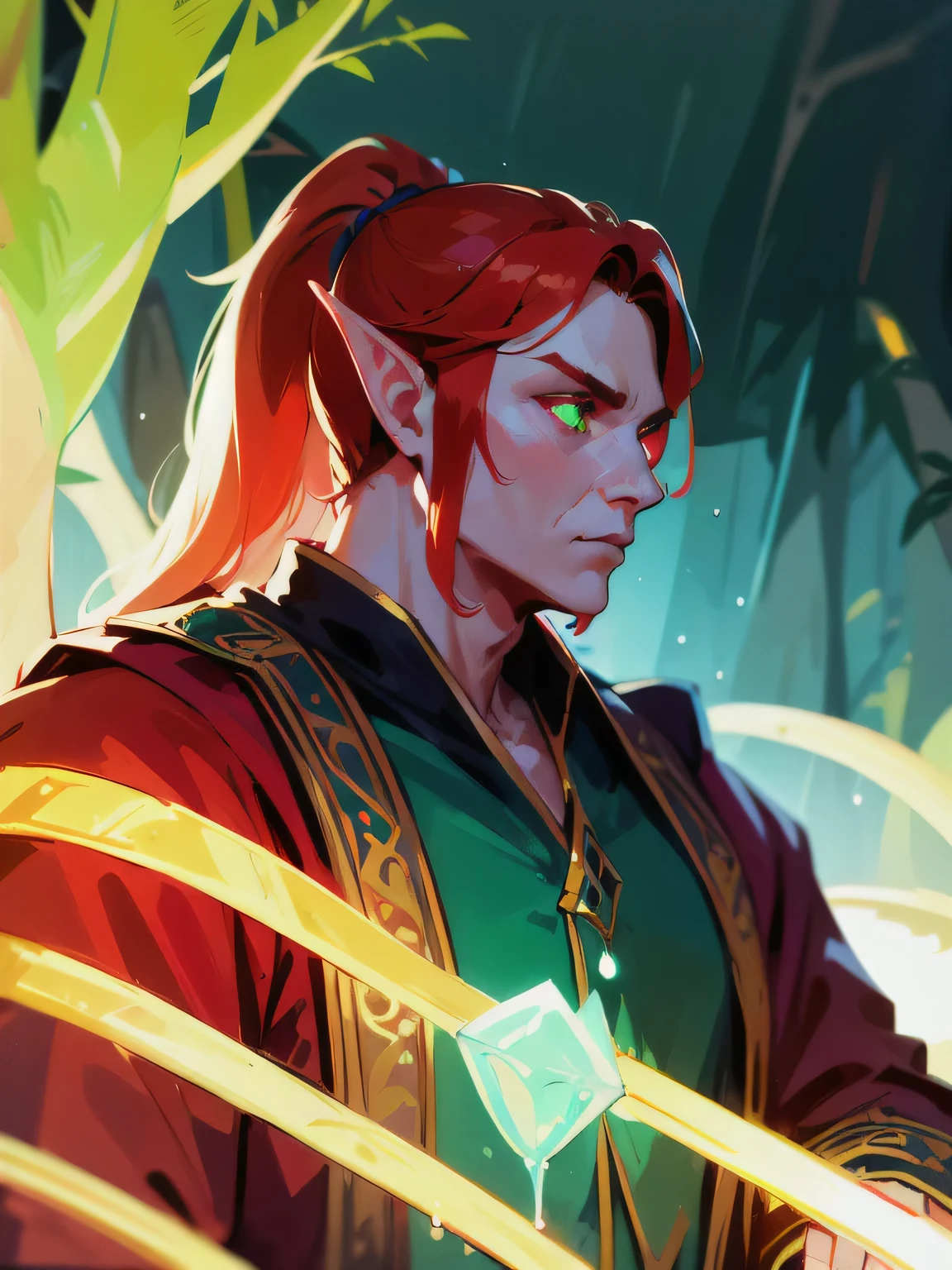 (absurdres, highres, ultra detailed, masterpiece, best quality), 1male, handsome, masculine elf man, long ginger hair, 35 years old, long pointed ears, long red eyebrows, glowing green eyes, beautifully detailed green eyes, blood elf, fancy pauldron, fantasy priest robes, background is rainy jungle, raindrops, rain on leaves, rainforest, plants and vines, loose robes, compassionate expression, noble, ponytail, looking up, three-quarters profile, mana tap, holding a full glass of wine