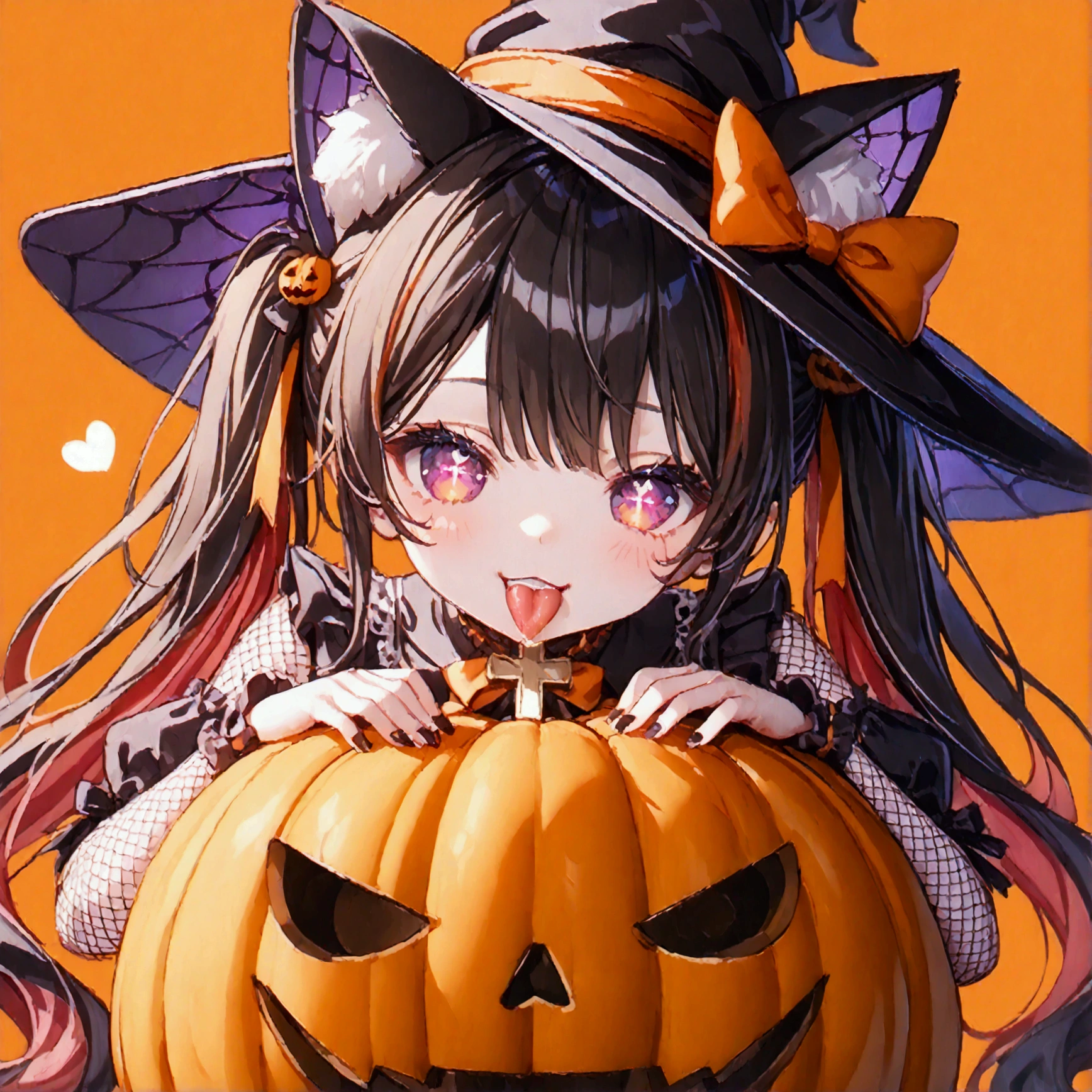 1girl, black hair, streaked hair, colored inner hair, twin tails, very long hair, heart hair bun, mole under eye, pupils sparkling, cat ears, grin, big breast, big ass, UHD, masterpiece, textured skin, best quality, (high res),  I'm wearing a long-sleeved oversized see-through Halloween costume and denim-shorts with fur, sexy fishnet tights , Halloween Hats,  Halloween props , Sitting on a big pumpkin:1.5, sitting on big-jack o lantern, head hollowed out, Butt stuck , (cross-legged:1.5, lick loli-pop :1.4), whole body, Shadow of light ,  expressive eyes,  grave and jack-o-lantern on the left and right , black castle silhouette, Orange Background, Illustrated, looking straight into the camera:1.2