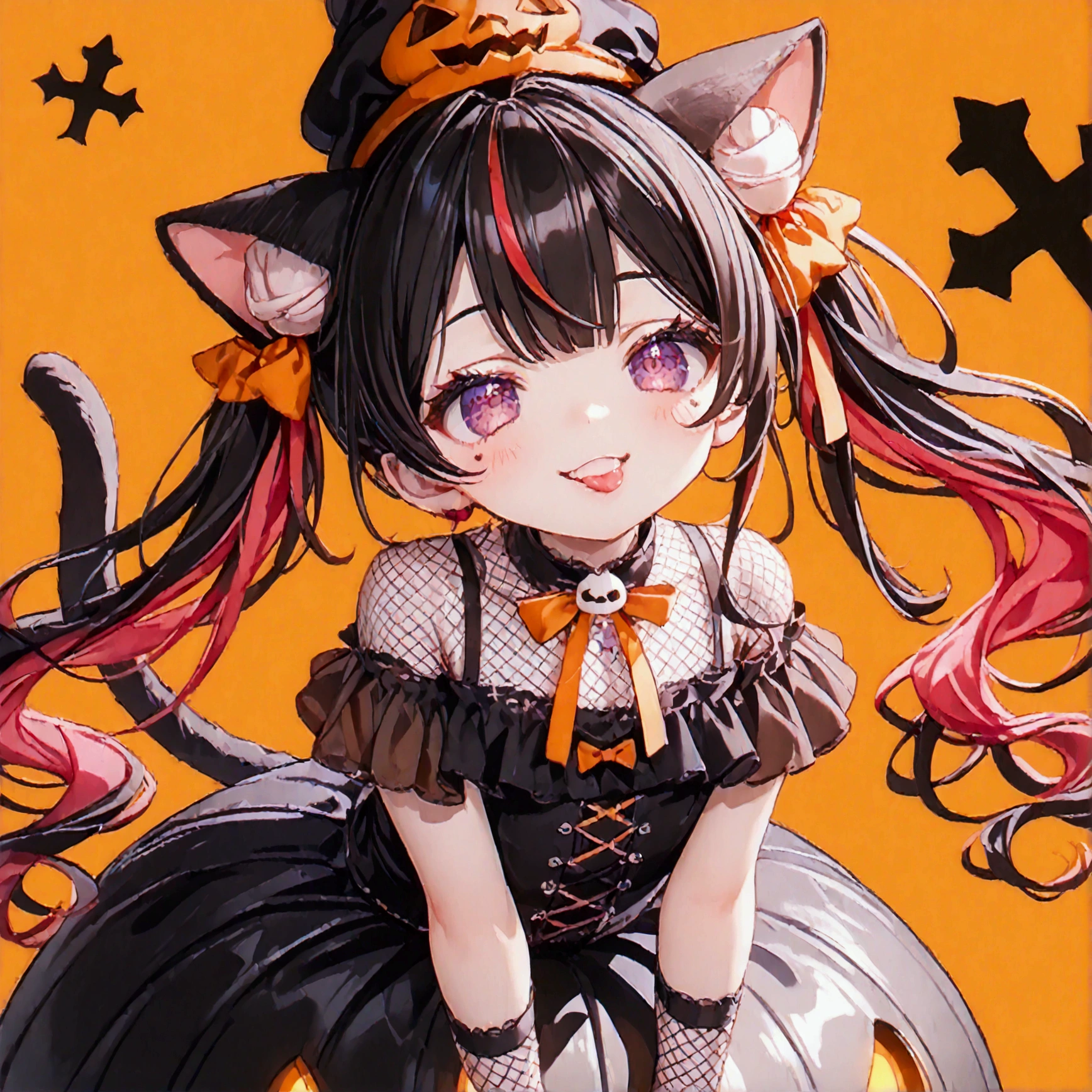 1girl, black hair, streaked hair, colored inner hair, twin tails, very long hair, heart hair bun, mole under eye, pupils sparkling, cat ears, grin, big breast, big ass, UHD, masterpiece, textured skin, best quality, (high res),  I'm wearing a long-sleeved oversized see-through Halloween costume and denim-shorts with fur, sexy fishnet tights , Halloween Hats,  Halloween props , Sitting on a big pumpkin:1.5, sitting on big-jack o lantern, head hollowed out, Butt stuck , (cross-legged:1.5, lick loli-pop :1.4), whole body, Shadow of light ,  expressive eyes,  grave and jack-o-lantern on the left and right , black castle silhouette, Orange Background, Illustrated, looking straight into the camera:1.2