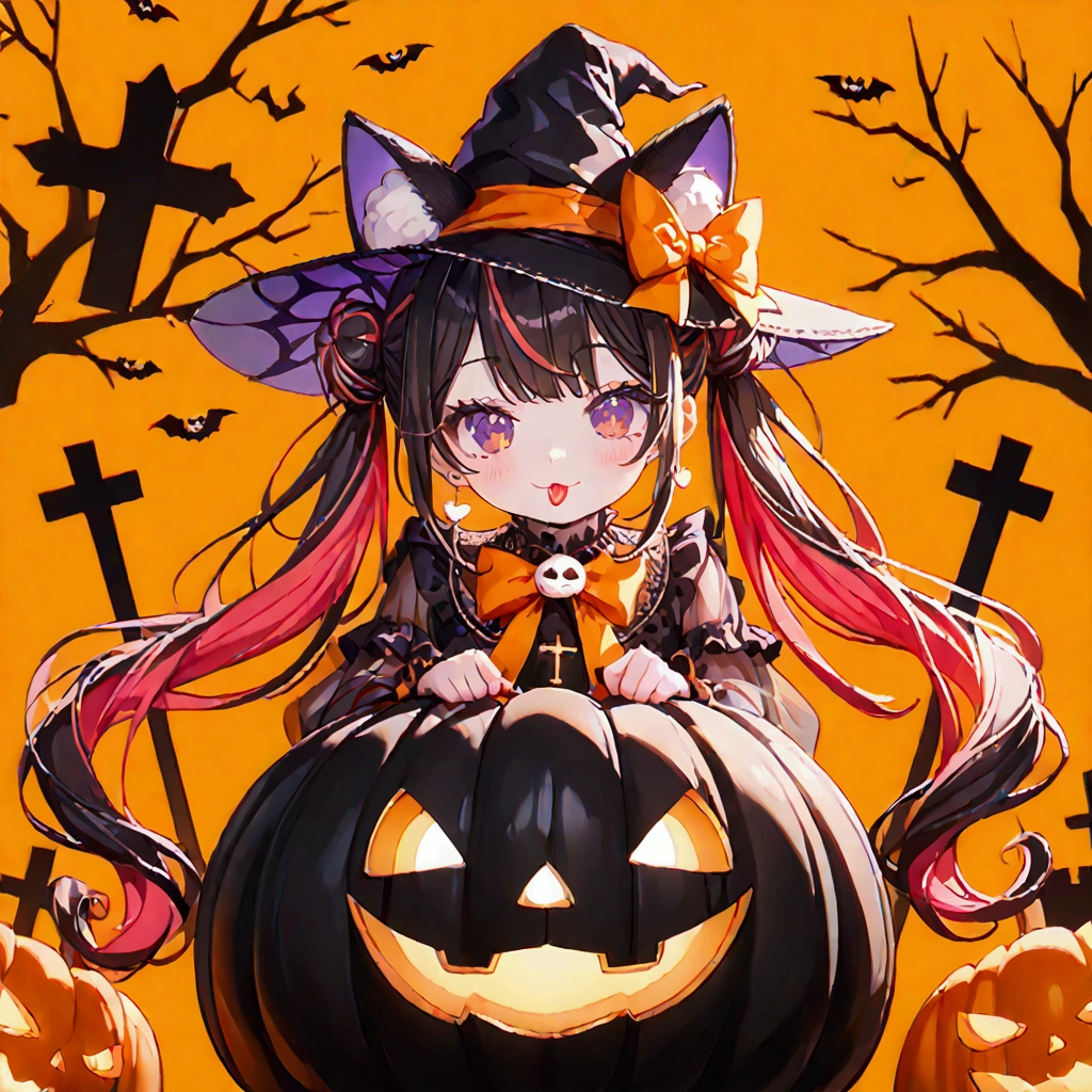 1girl, black hair, streaked hair, colored inner hair, twin tails, very long hair, heart hair bun, mole under eye, pupils sparkling, cat ears, grin, big breast, big ass, UHD, masterpiece, textured skin, best quality, (high res),  I'm wearing a long-sleeved oversized see-through Halloween costume and denim-shorts with fur, sexy fishnet tights , Halloween Hats,  Halloween props , Sitting on a big pumpkin:1.5, sitting on big-jack o lantern, head hollowed out, Butt stuck , (cross-legged:1.5, lick loli-pop :1.4), whole body, Shadow of light ,  expressive eyes,  grave and jack-o-lantern on the left and right , black castle silhouette, Orange Background, Illustrated, looking straight into the camera:1.2