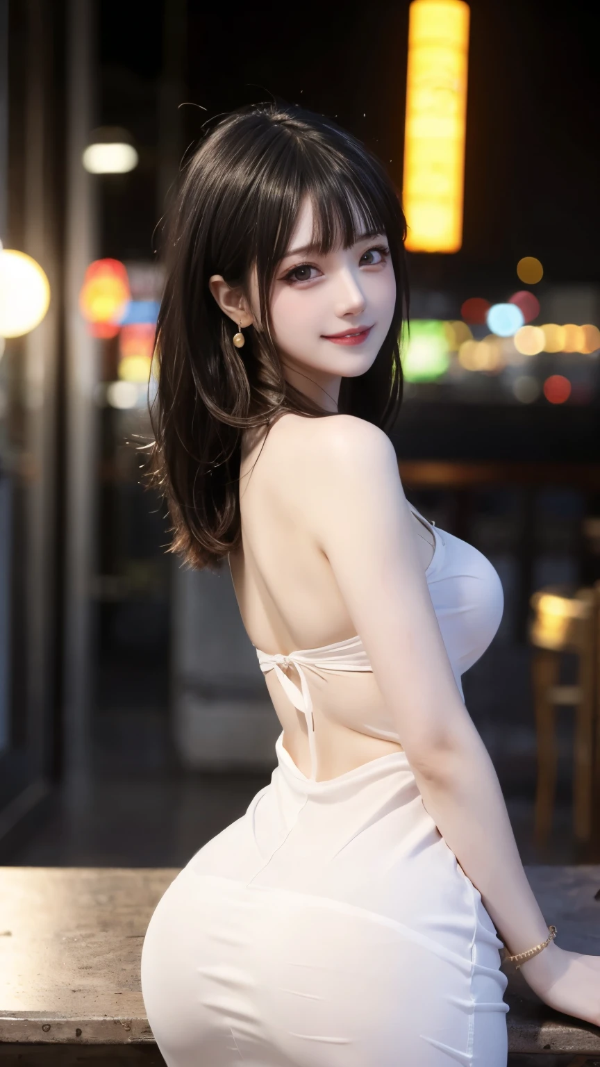 Shoot from a distance, 8k, Masterpiece, Photo brute, Best quality, photoreallistic, extremely detailed CG unity 8k wallpaper, profondeur de champ, cinematic light, Lens Flare, Ray Tracing, (extremely beautiful face, lovely lips, beaux yeux), intricate detail face, ((ultra detailed skin)) 1fille, Pretty Korean girl,(Serious smile:1.3), (sur un lit, ambient light, (blurred background)),(without people in the background:1.3), Beautiful earrings, Bracelets, yeux clairs, marche, (pale skinned), (Grands yeux), Face forward, (poils bruns), seins moyens, big hip, Whole body love, Huge breasts,Big cleavage, Long legs, lewd pose, The background is a balcony, behind is the city at night, small waist, wear tight short silk dress, (full body:0.8). big ass,