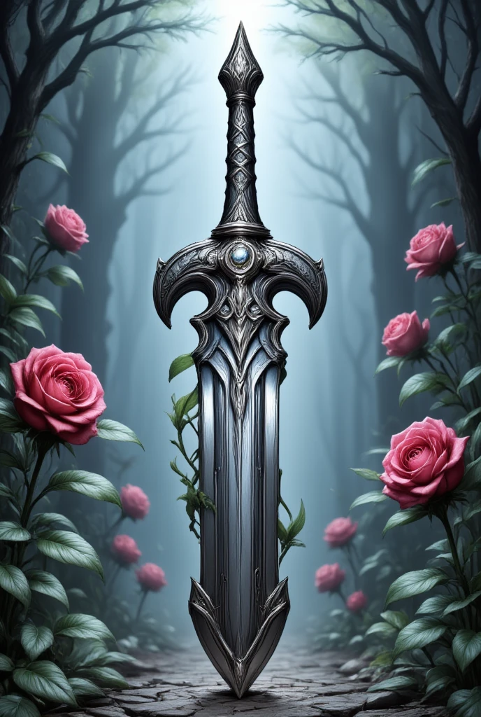 score_9, score_8_up, score_7, arafed high details, best quality, 16k, (ultra detailed: 1.5), masterpiece, best quality, (extremely detailed), RAW, dnd art, fantasy art, an epic sword with a rose vine entwined on the blade, a magnificent silver shinning swors, with a diamond in the hilt, there is a (red rose vine entwined along the blade: 1.3), dynamic fantasy background, hyp3rd3tail style