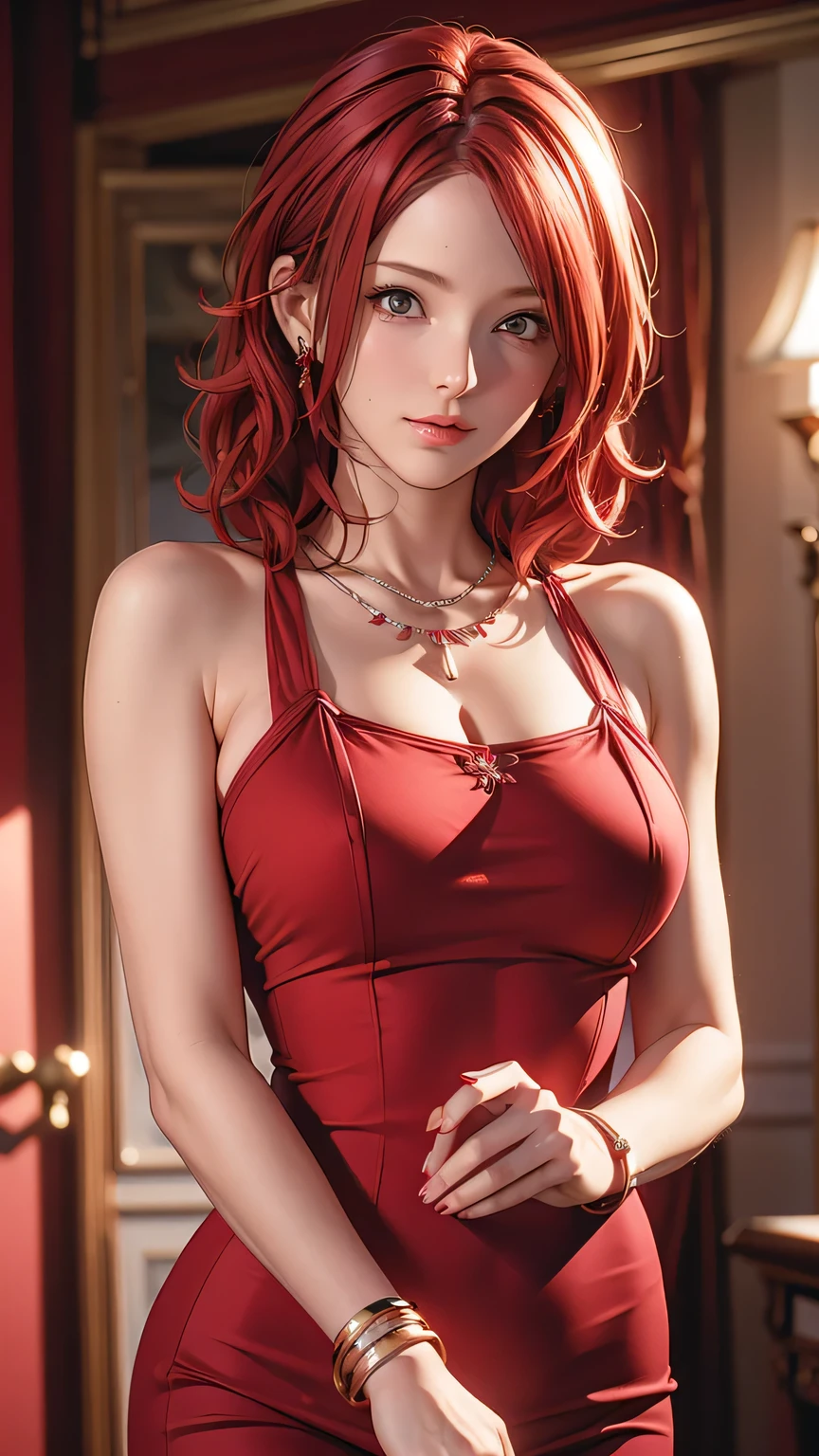 Short wavy red hair, beautiful woman, pro lighting, cinematic, (Realistic face details), complicated details, very high details, realistic photos, 8k, super details, UHD, dynamic camera angle, sexy pose, red dress, earrings, necklace, bracelet