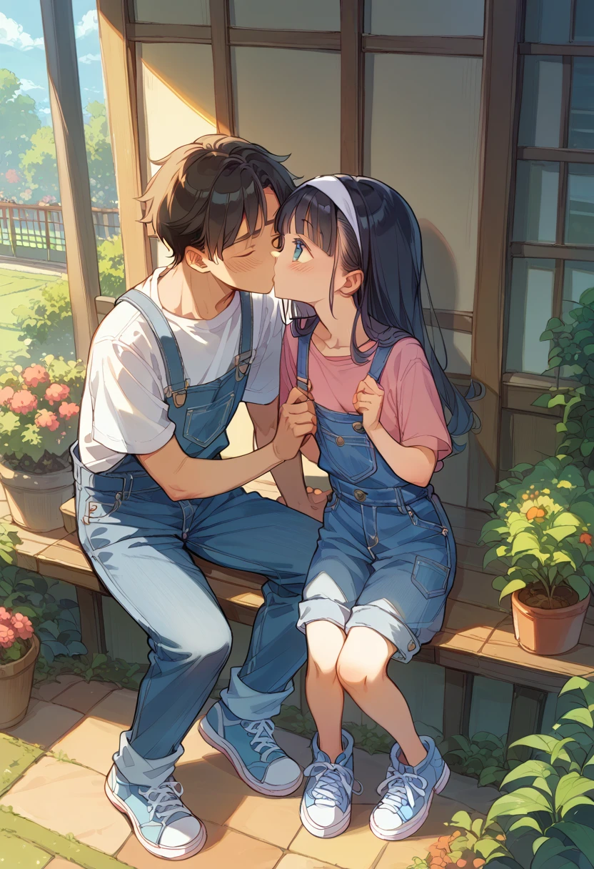 masterpiece、ONE YOUNG GIRL 、One middle-aged man、 very cute、 small breasts、 denim overalls、 Black Hair 、Long straight hair、white headband、 Light blue sneakers 、Sparkling Eyes、fun、 innocent smile 、 MAN KISS A GIRL、garden