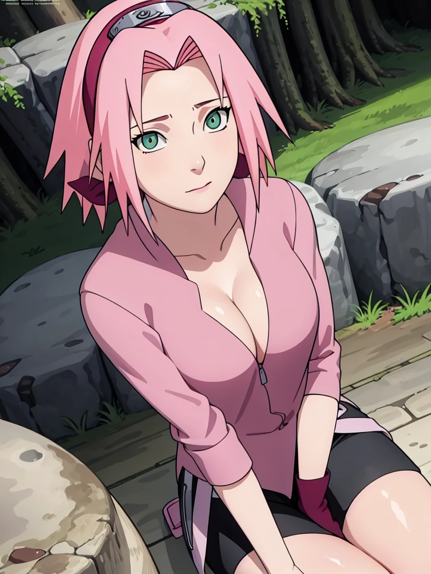 ((((Special style illustrations:1.0)))),best quality, Best Animation,Create masterpieces,Ray Tracing,1 girl,only, sitting on knees , looking at viewer ,((cleavage)), Sakura Haruno , High quality green eyes), naked, naked, naked、1 girl, only, Pretty Face, eyelash, nose, Lip gloss: 1.5), Delicate skin,whole body, Professional lighting, Slim sexy body, A woman, green camo bikini ((wearing a pink blouse and black shorts showing lots of cleavage))) Lips, short hair, photo_ (Medium), detailed bosy , deyailed eyes , (Create masterpieces), (photoreal: 1.3),Exquisite details, showing lot of cleavage , pinksmall blouse and black horts , wearing a pink blouse ((wearing a sexy pink blouse showing lot of cleavage)) (Highly refined skin: 1.2), (best quality: 1.0), (Ultra-high resolution: 1.0), outdoor, In the woods, Supine., Slobber, Sexy ,((Large breast)) Bangs, sexy face expression, information