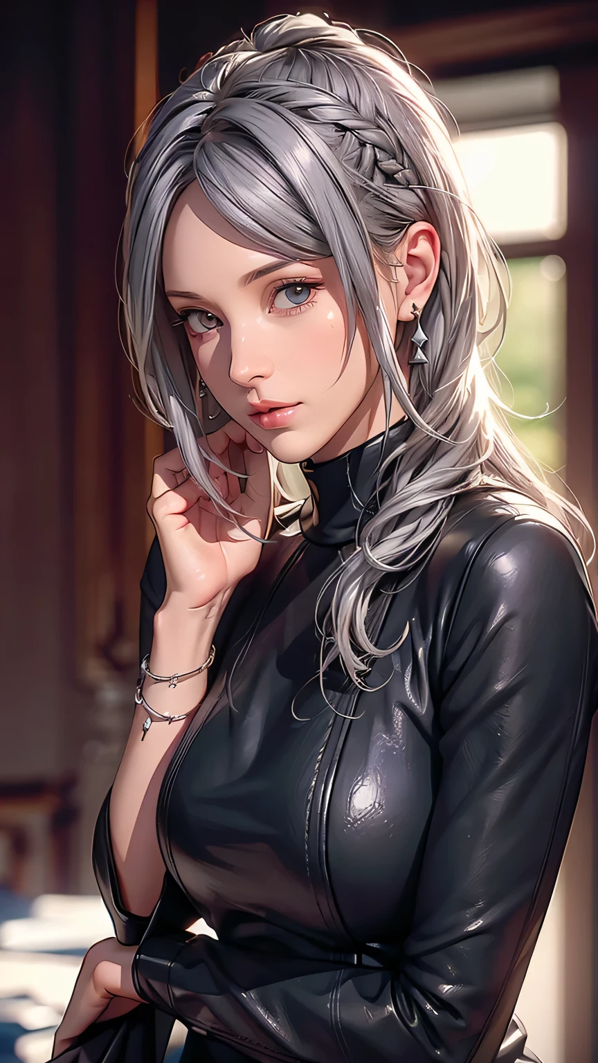 grey hair, beautiful woman, pro lighting, cinematic, (Realistic face details), complicated details, very high details, realistic photos, 8k, super details, UHD, dynamic camera angle, sexy pose, dark leather, earrings, bracelet