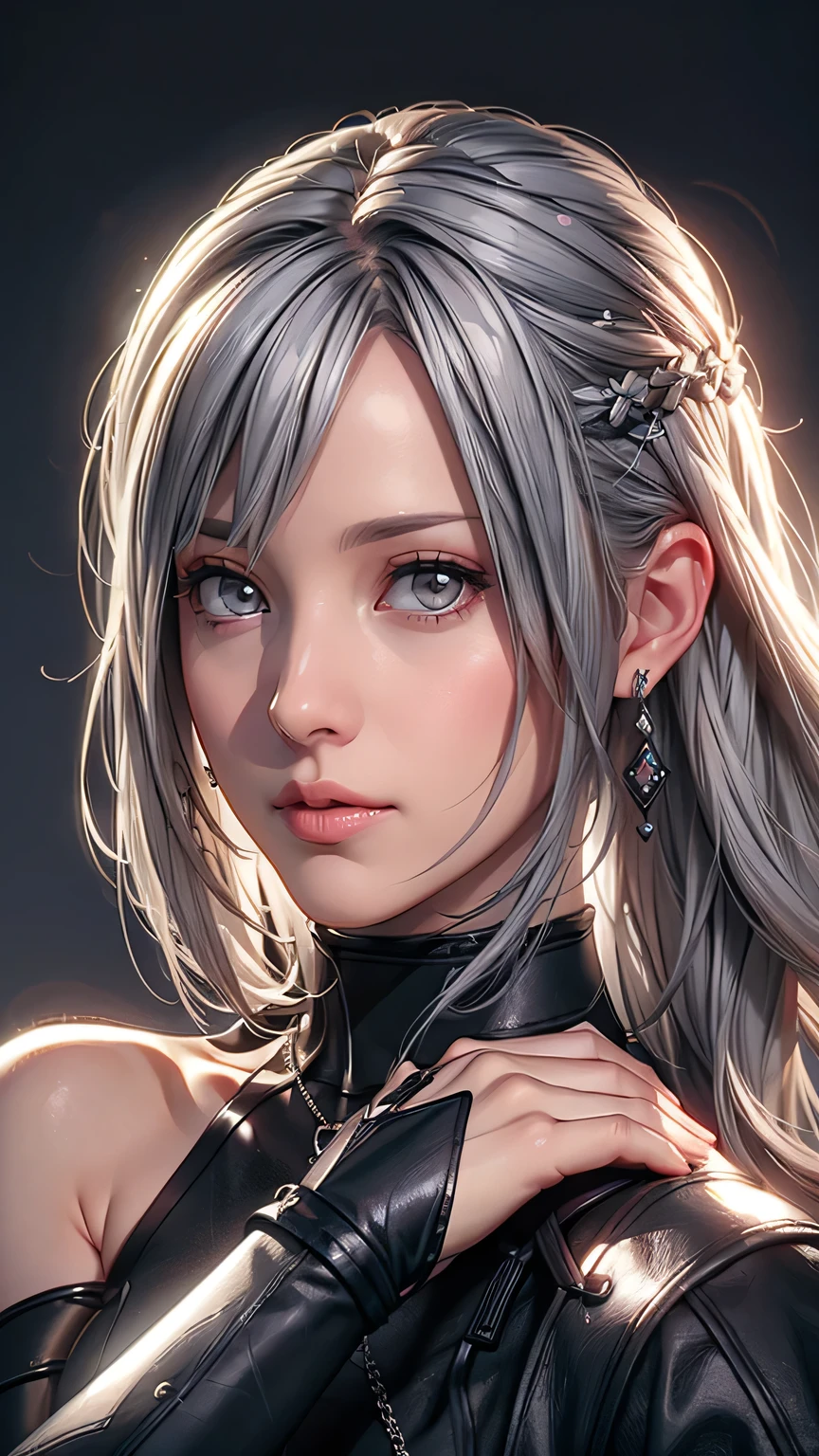 grey hair, beautiful woman, pro lighting, cinematic, (Realistic face details), complicated details, very high details, realistic photos, 8k, super details, UHD, dynamic camera angle, sexy pose, dark leather, earrings, bracelet