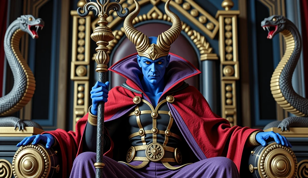 an image of a character with a classic villainous look, featuring a blue face, a large hat with horns, and a red and purple cloak. He’s holding a staff with an ornate design, and the background has a throne-like setting with snake statues on either side, suggesting a powerful or evil presence.