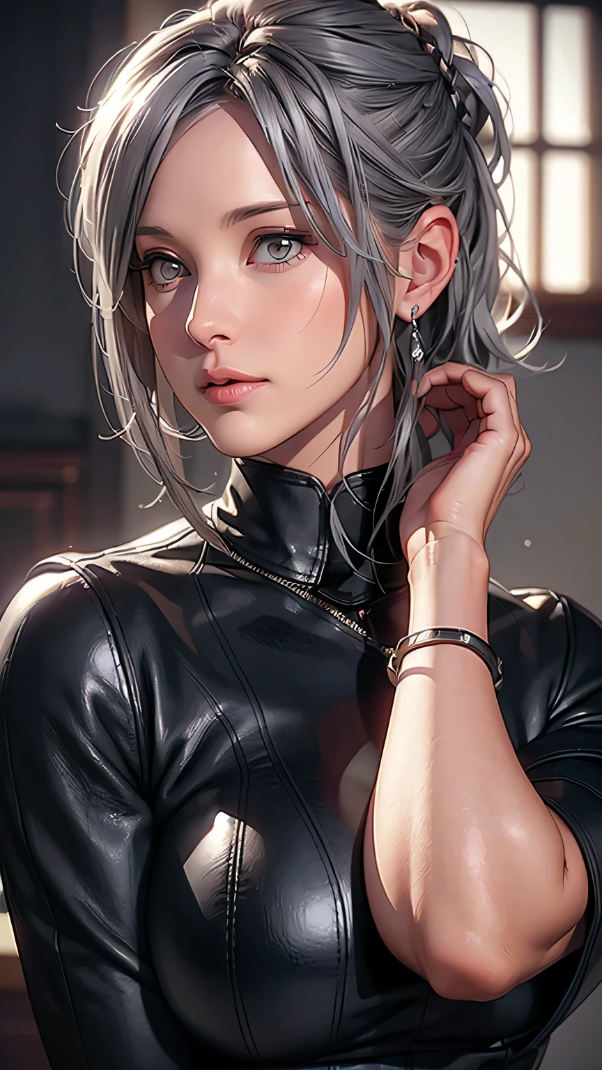 grey hair, beautiful woman, pro lighting, cinematic, (Realistic face details), complicated details, very high details, realistic photos, 8k, super details, UHD, dynamic camera angle, sexy pose, dark leather, earrings, bracelet