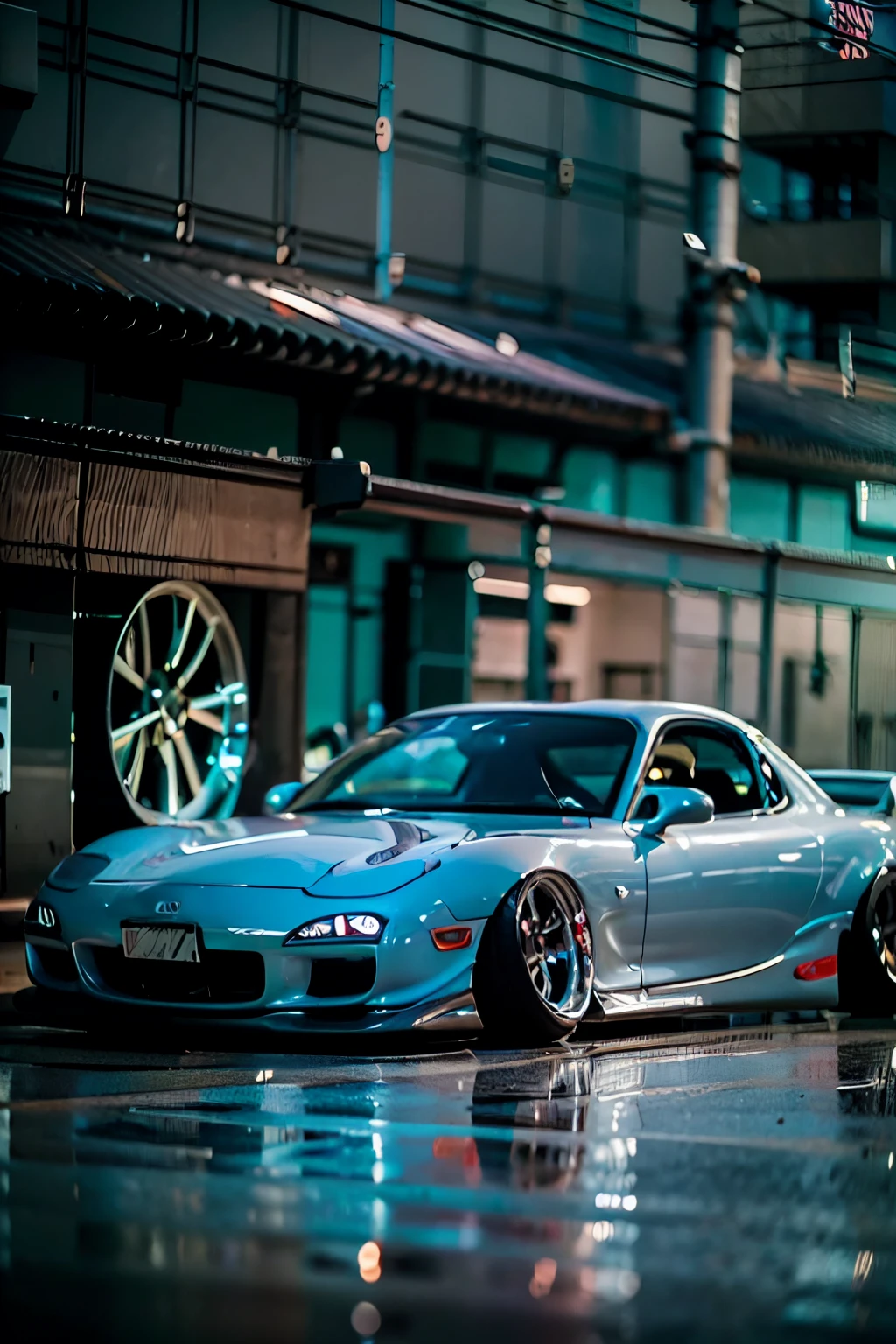 Tuned RX7 , Widebody kit , Deep rim wheel ,Custom car  , cyberpunk , high definition,  High Details, 