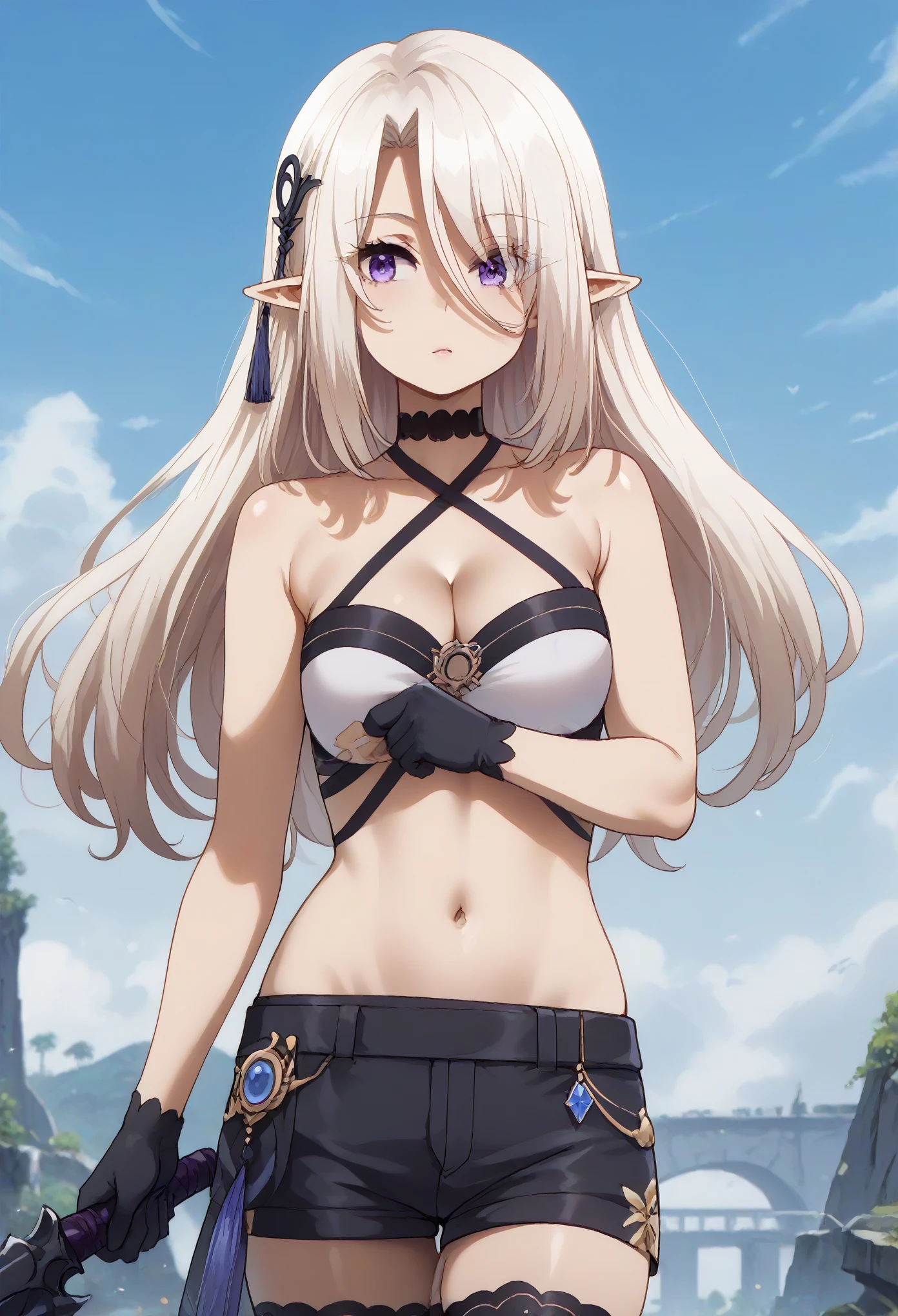 long hair, bangs, purple eyes, white hair, pointy ears, elf, sheath, eyes visible through hair, hair ornament, thighhighs, gloves, navel, shorts, choker, black gloves, short shorts, black shorts, cleavage, bare shoulders, halterneck, criss-cross halter,
