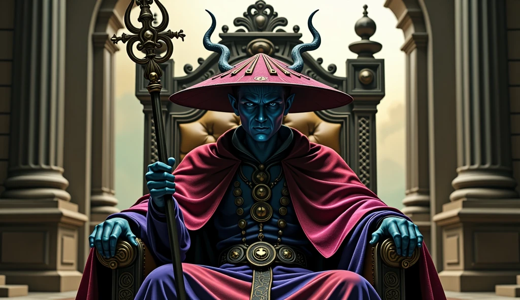 an image of a character with a classic villainous look, featuring a blue face, a large hat with horns, and a red and purple cloak. He’s holding a staff with an ornate design, and the background has a throne-like setting with snake statues on either side, suggesting a powerful or evil presence.