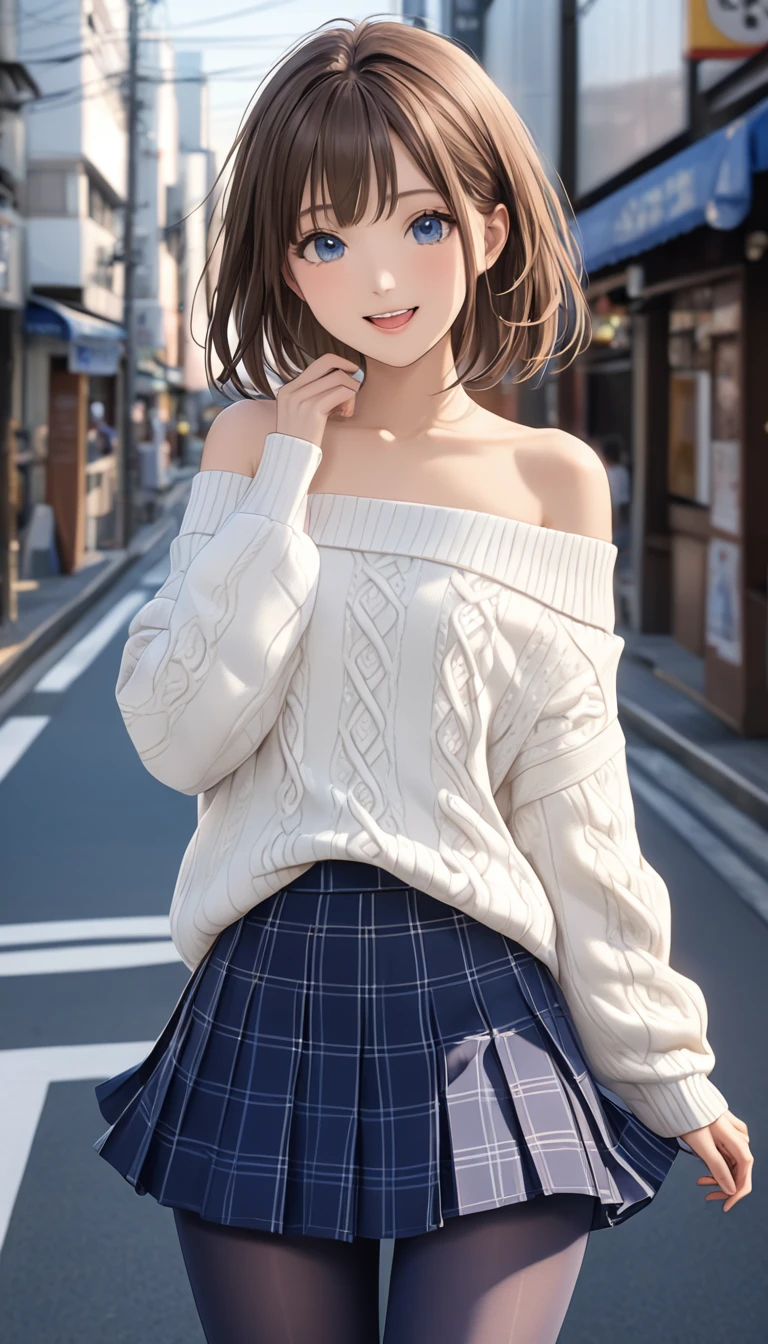 full body、 highest quality,High image quality,masterpiece,  casual, White (( Off Shoulder Sweater )), One person, very cute girl、Complex pupil, Beautiful eyes, smile, open mouth, blush, ((small breasts)), medium hair, Brown Hair, Right-parted bangs,  Blue Skirt,  plaid skirt ,, Navy pantyhose, Detailed cloth texture, The streets of Shibuya with no one in the early morning, standing、cat pose、Morning sunlight、Blurred Background、