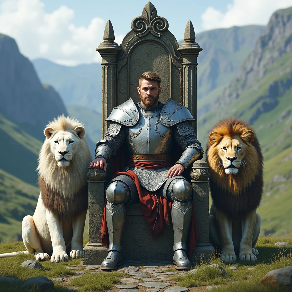 hyper-realistic scene, retain the original appearance of the man face and lion, realistic, man full body, man have 2 hands 2 legs, high quality man pose, light background, realistic rendering, blue sky background, water , Sunlight, Low View, Blender, Product Rendering, HD 8K, ((good hands)), detailed good hands,high quality details, man holding sword tightly, white armor gloves, Illustration of a hyperrealistic , otherworldly, ultrasky scene, wonderful sowrd, very detailed and magical lighting, intricate forest details, vegetation and river around, solarpunk ,landscape, giant tree, beatifull leafy with beautiful lighting and realistic proportions, as if it were a cinematic background, 8k, highest quality, masterpiece, clouds and stars in the sky, (photorealistic:1.4),there is an armored knight holding wonderful sword, full knight suit, sitting with a lion, uplean on the lion, beautiful nice lion, photo manipulation, realistic picture, realism art, realistic illustration, 1man knight friend of lion, full body,