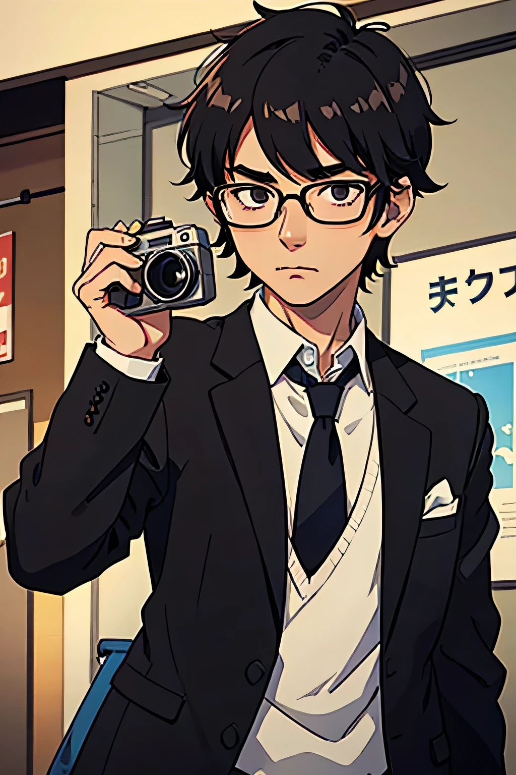  Japanese、blazer、Black Hair、male、 wearing glasses 、 high school students、 short hair、One person、 holding camera 、Wearing a tie