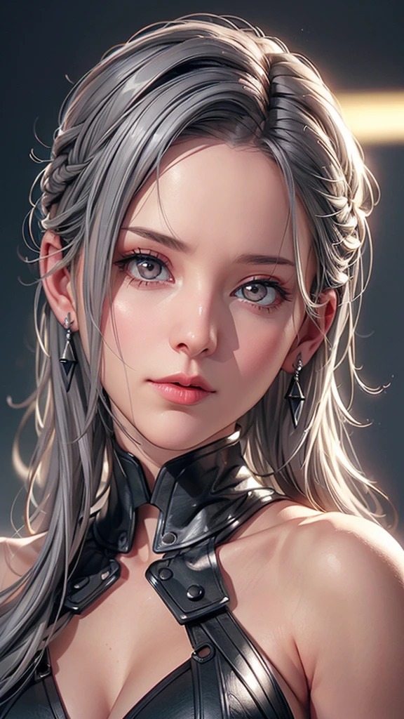 grey hair, beautiful woman, pro lighting, cinematic, (Realistic face details), complicated details, very high details, realistic photos, 8k, super details, UHD, dynamic camera angle, sexy pose, fashionable dark leather, earrings, hips up, mouth-nose-ear piercing, tattoo 