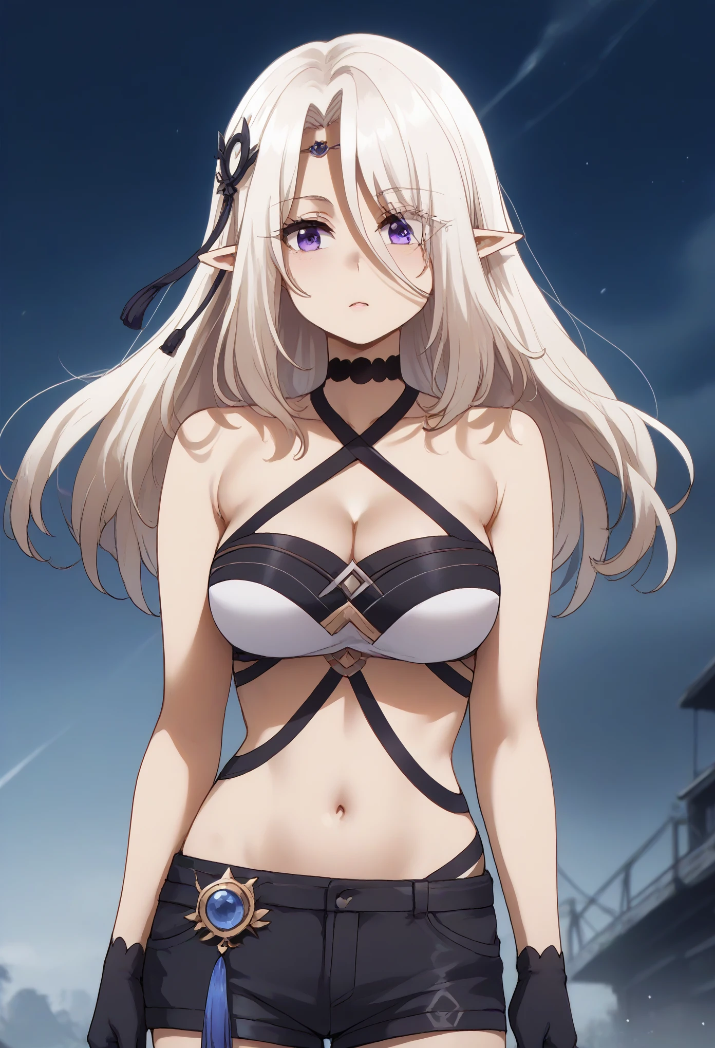 long hair, bangs, purple eyes, white hair, pointy ears, elf, sheath, eyes visible through hair, hair ornament, thighhighs, gloves, navel, shorts, choker, black gloves, short shorts, black shorts, cleavage, bare shoulders, halterneck, criss-cross halter,
