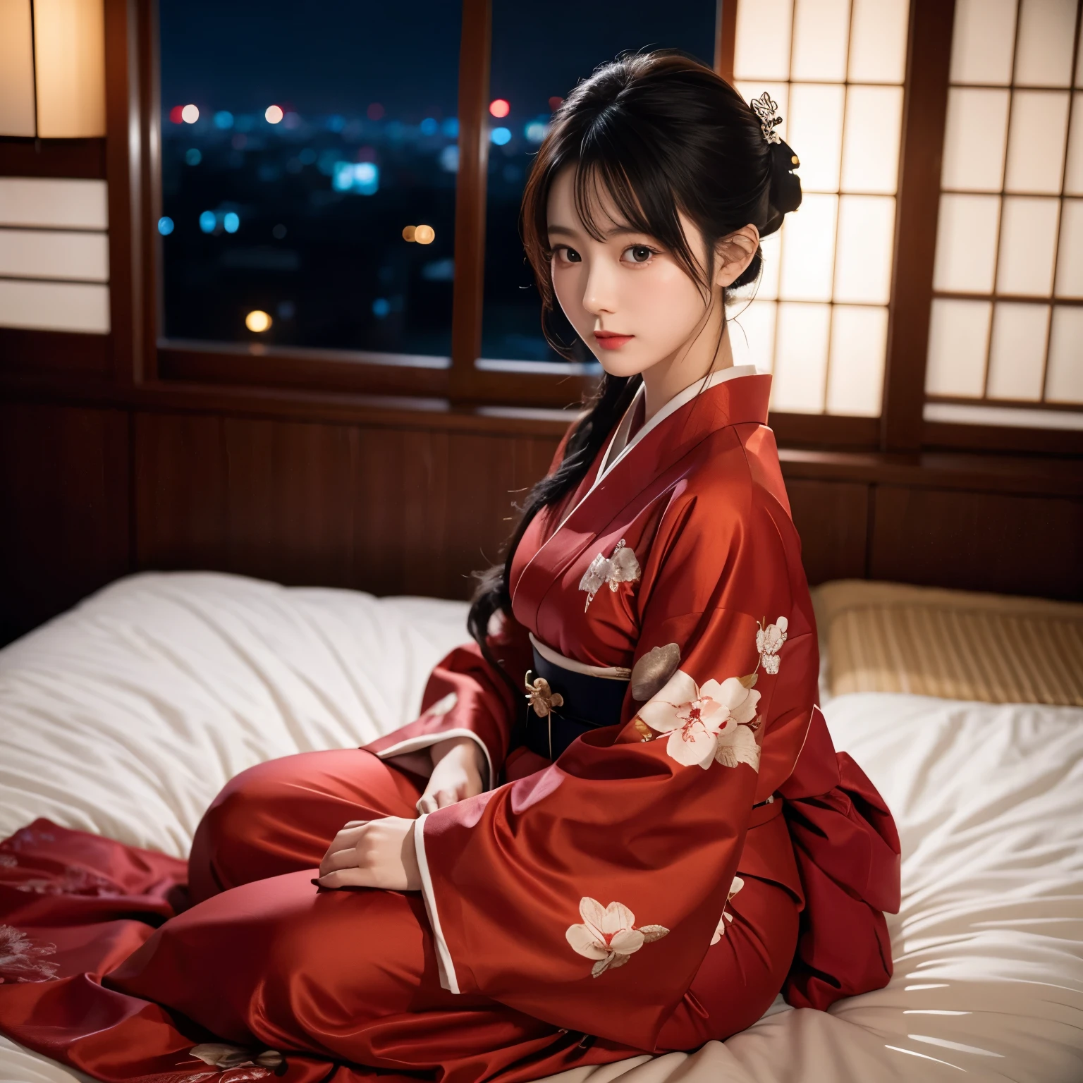 photorealistic,  unique,  Beautiful Japanese Women , Traditional Kimono, Natural Graphics,  soft smile,  impressive gaze, Traditional hairstyle, Japanese-style room at dusk ,  Sitting by the window in a red silk nightgown , Illuminated by city lights, (  charming pose in the bedroom at night ), Professional Photographer, Shallow depth of field,  rétroéclairé ,