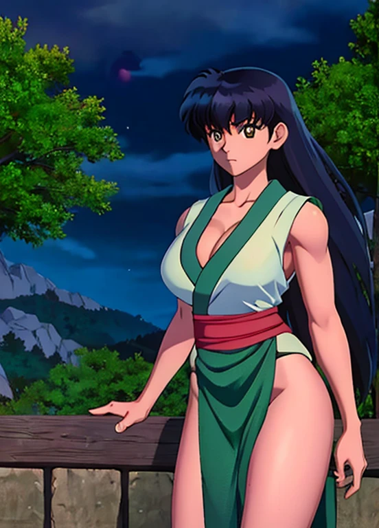 ((Masterpiece)), ((Best Quality)), (4K quality), Perfect Anatomy,(Professional Lighting), 4k textures, epic artistic, sharp focus, even lighting, insane details, intricate details, hyperdetailed, rich colors BREAK Imagine Kagome Higurashi from Inuyasha as an alluring Kunoichi assassin, 27 years old, mature female, matured face, beautiful detailed eyes, ultra-detailed eyes, extremely detailed face, large breasts, deep cleavage, big hips, agile physique BREAK She's holding a dagger with a deadly grip BREAK (Wearing: Japanese clothes, green and white Kunoichi dress, panties, pelvic curtain) BREAK The background should feature a nighttime setting with the moon or dark clouds in the sky and a Japanese forest allowing her to stand out prominently
