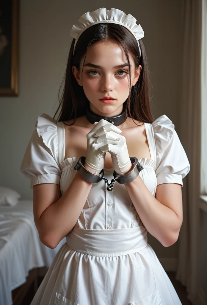 maid，Put on long white gloves， Wear handcuffs on both hands