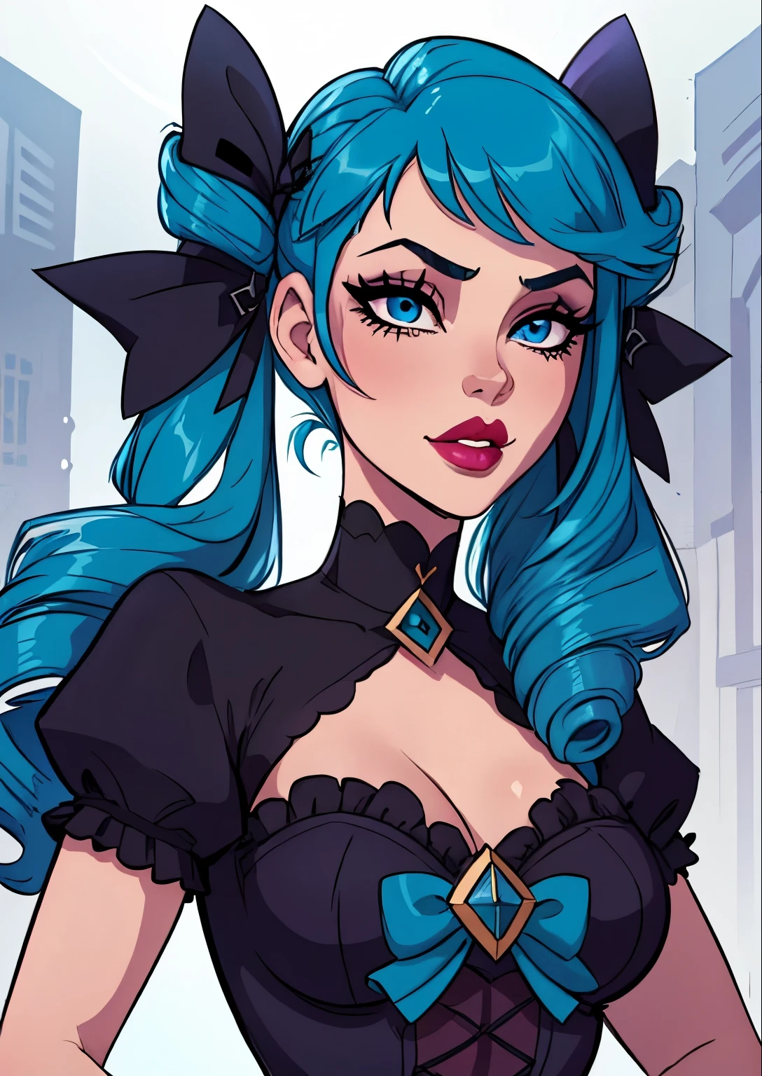 malsterpiece, best quality, 1female, beautiful, face portrait, deep makeup, lipstick, 1girl, face focus, goth, Gwen, long hair, twintails, drill hair, bow, blue hair, hair bow, blue eyes