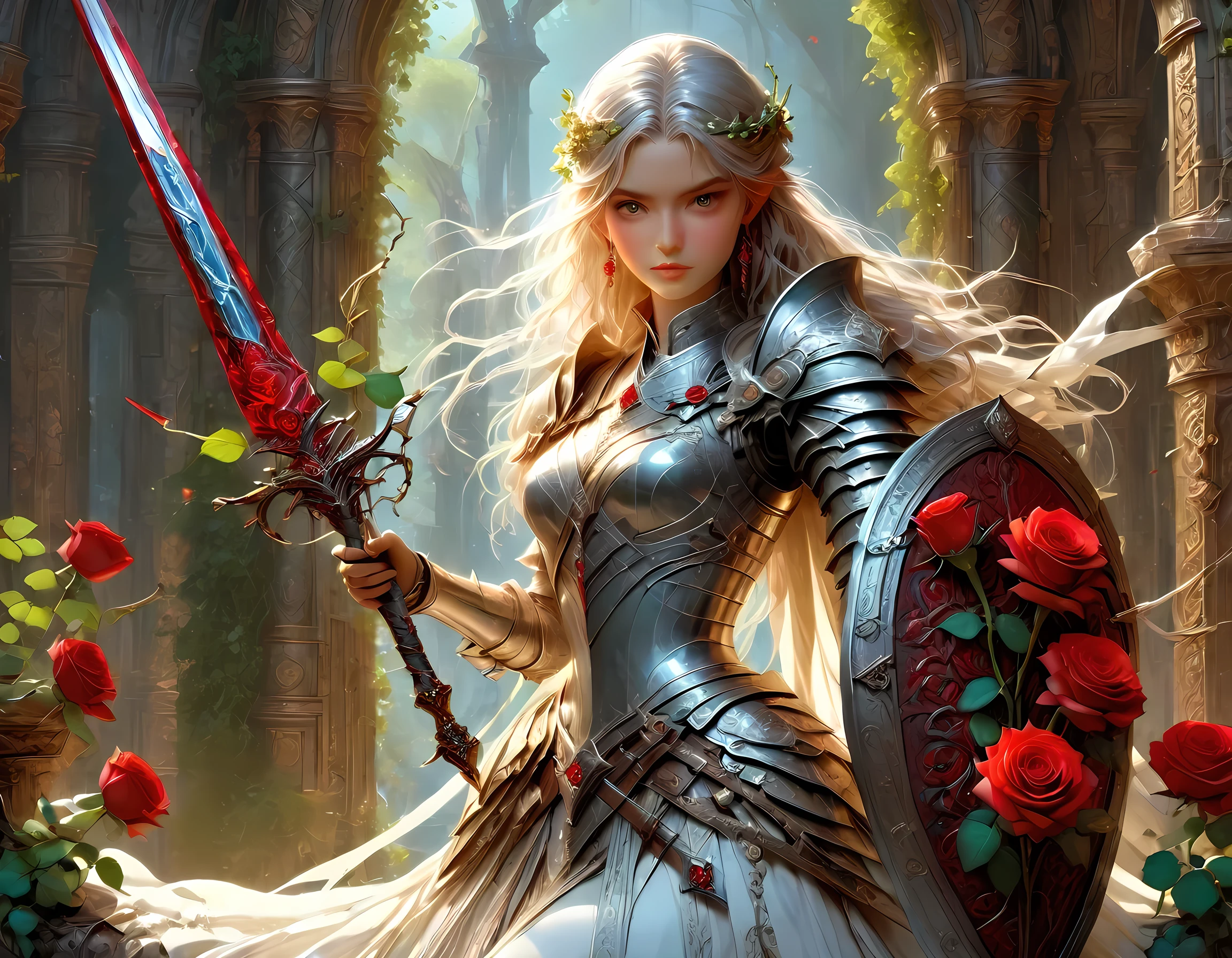 score_9, score_8_up, score_7, arafed high details, best quality, 16k, (ultra detailed: 1.5), masterpiece, best quality, (extremely detailed), RAW, dnd art, fantasy art, a woman knight holding an epic sword with a rose vine entwined on the blade, a magnificent silver shinning sword, with a diamond in the hilt, there is a red rose vine entwined along the blade, dynamic fantasy background, Sword and shield