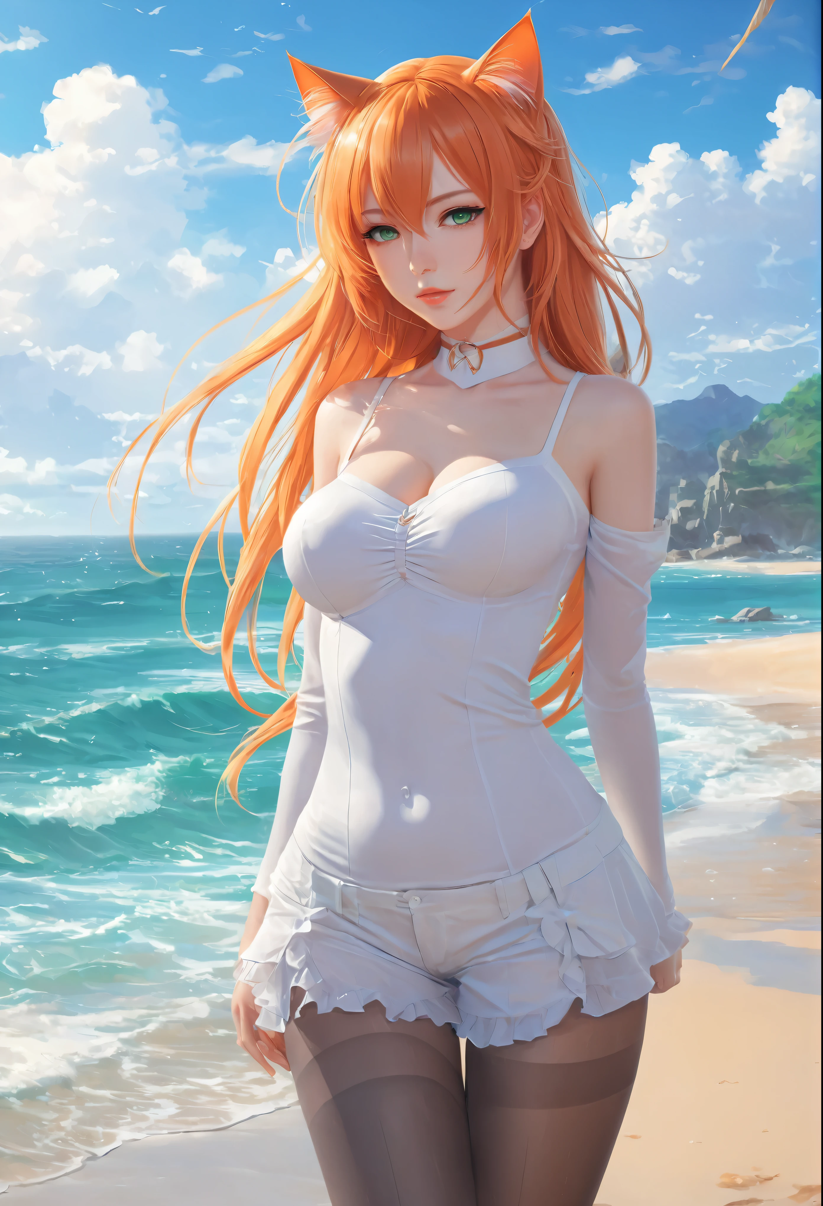 anime girl with long orange hair standing on beach near ocean, green eyes detailed digital anime art, cat ears, , anime girl with long hair, smooth anime cg art, anime girl with long hair, average breast size, digital anime art, artwork in the style of guweiz, beautiful anime portrait, photorealistic anime girl render, Shiny rubber pants, beautiful anime girl, advanced digital anime art, pantyhose, guweiz on artstation pixiv upscale HD UHD HQ