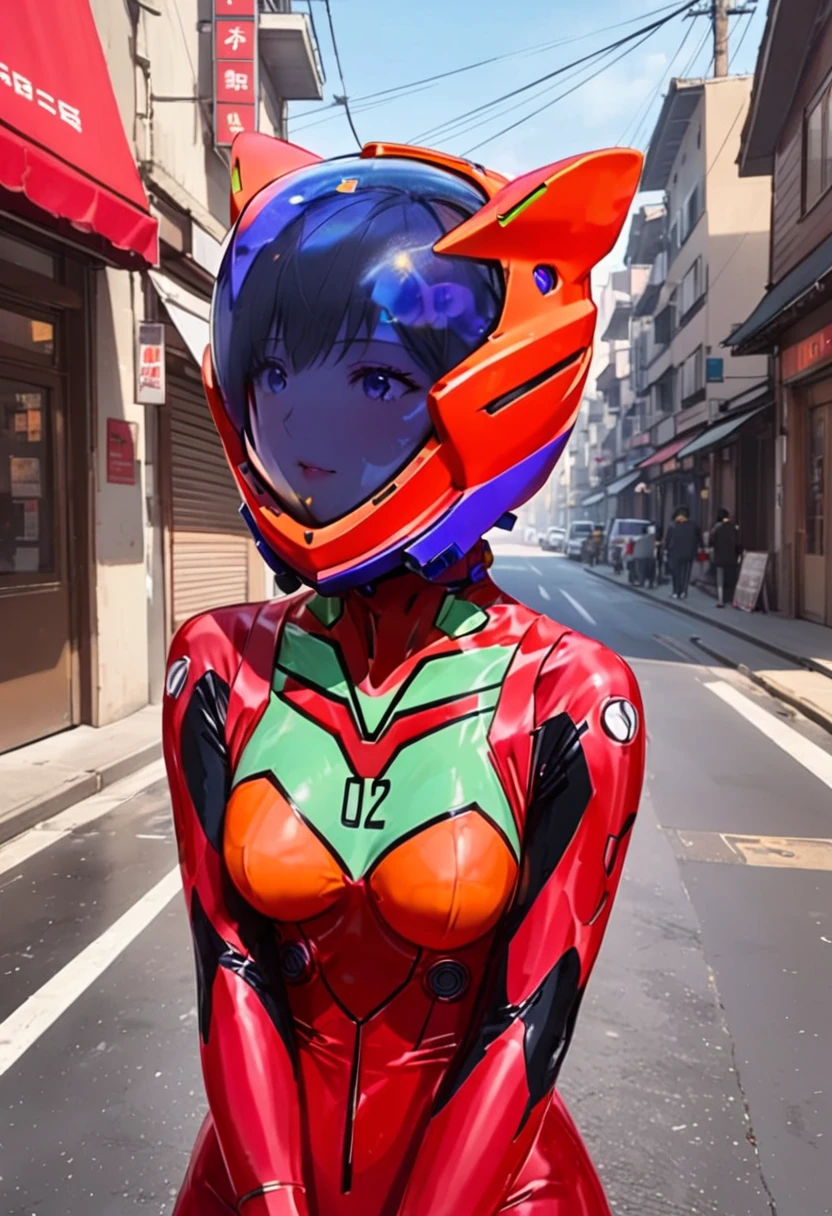 8k, Ultra-high resolution, Highest quality, masterpiece, Rule of thirds photograph,surreal, photograph, pretty girl, Cute Face, Beautiful eyes in every detail, Detailed,masterpiece,,,,,,,,,,, ( short hair, street, emo eyeliner, apocalypse, girl, city, road space helmet, muvluv, eva helm, evangelion,, plugsuit , space helmet, eva helm,red bodysuit, short hair, ,,plugsuit, red bodysuit,evangelion,(red helmet:1.2), space helmet, cat ears, Japanese female,hort hair, bangs, ahegao, red helmet,,full body