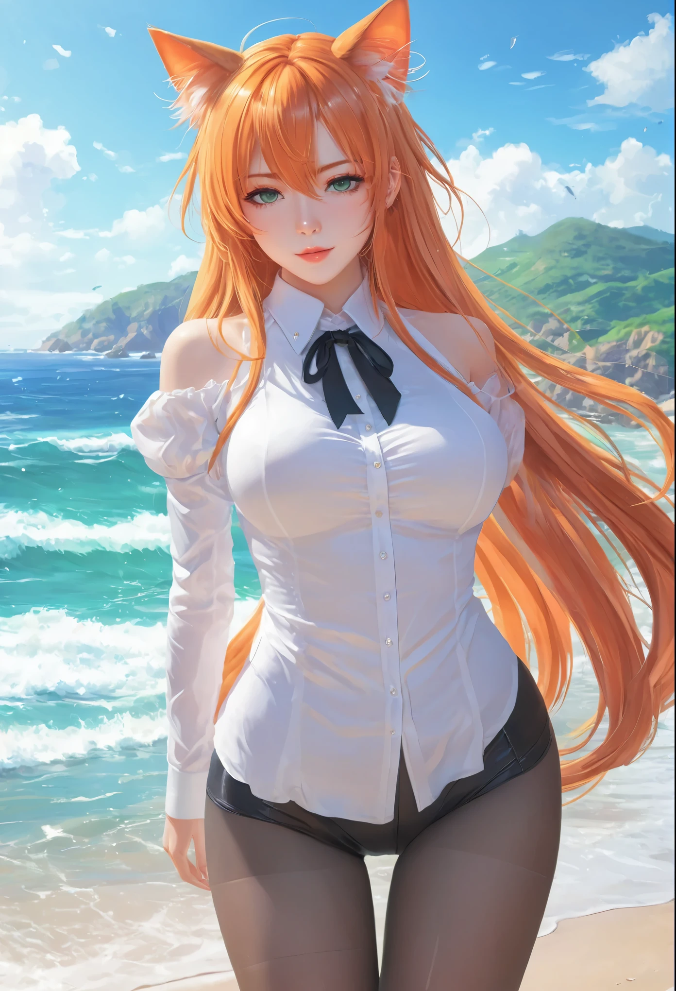 anime girl with long orange hair standing on beach near ocean, green eyes detailed digital anime art, cat ears, , anime girl with long hair, smooth anime cg art, anime girl with long hair, average breast size, digital anime art, artwork in the style of guweiz, beautiful anime portrait, photorealistic anime girl render, Shiny rubber pants, beautiful anime girl, advanced digital anime art, pantyhose, guweiz on artstation pixiv upscale HD UHD HQ