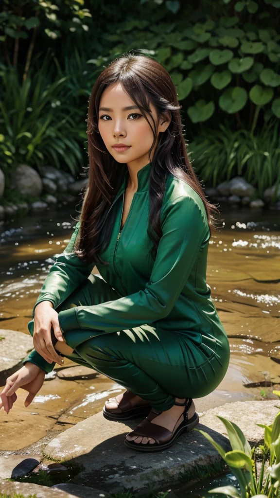 Yae is squatting on the edge of a running river in the garden with a beautiful green engraving with an ambient background perspective with a beautiful depth effect, with a blue sky in the morning