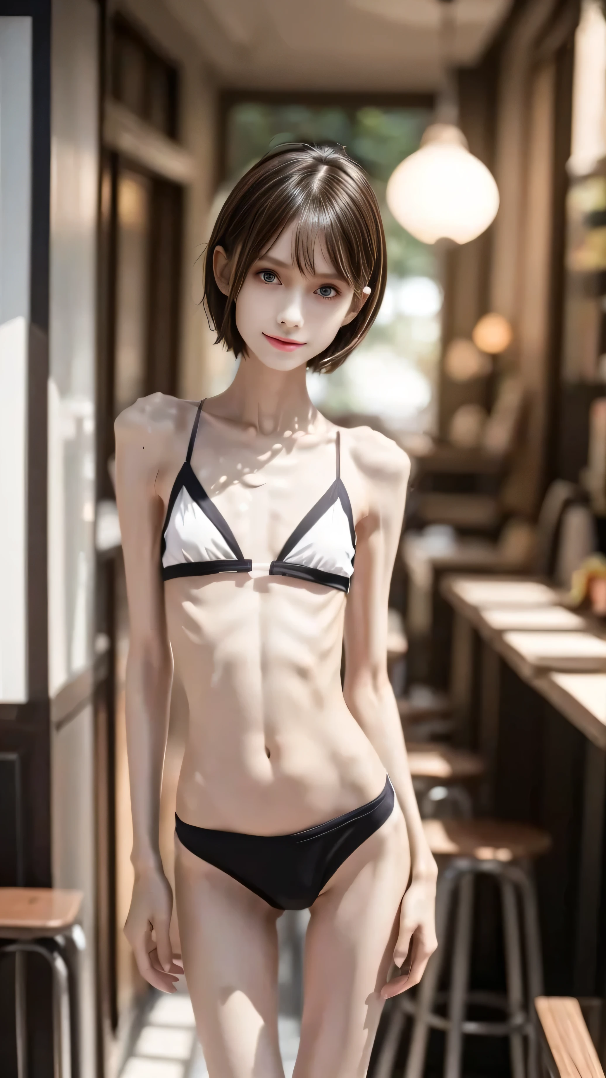 High image quality、 one girl、 perfect face、cute、 thin and slender body with only bones and skin、Malnutrition leads to weakness、 Shortcut Hair、 white skin、Too thin arms、Too thin legs、Big Eyes、 too thin waist 、 raised ribs、Protruding collarbone、Flat stomach、Black Bikini、Hotel