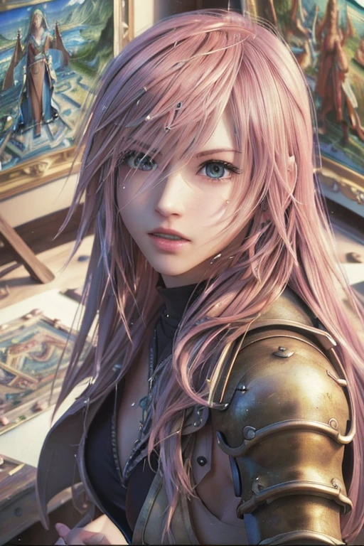 ( masterpiece,Best Quality, 4K, 8k,  high definition, masterpiece:1.2), Super detailed, (Realistic, photoRealistic, photo-Realistic:1.37) ,Lightning(Final Fantasy XIII),(Final Fantasy XIIIスタイル),Her hair is bright pink , (Realisticな肌),Beautiful Skin,Beautiful light blue eyes, beautiful details in her eyes ,smile , Lightningの衣装,sword,超 high definition,  studio lighting in the studio, Ultra-fine painting, professional,  vibrant colors, 超 high definition,  studio lighting in the studio, Ultra-fine painting, Sharp focus,  physically-based rendering, professional,  vibrant colors,(((Best Quality))), ((Super detailed)),((masterpiece:1.5)), Detailed Photos, (Best Quality: 1.4), 超 high definition, High image quality,Perfect fingers,Perfect limbs,Perfect Fingers