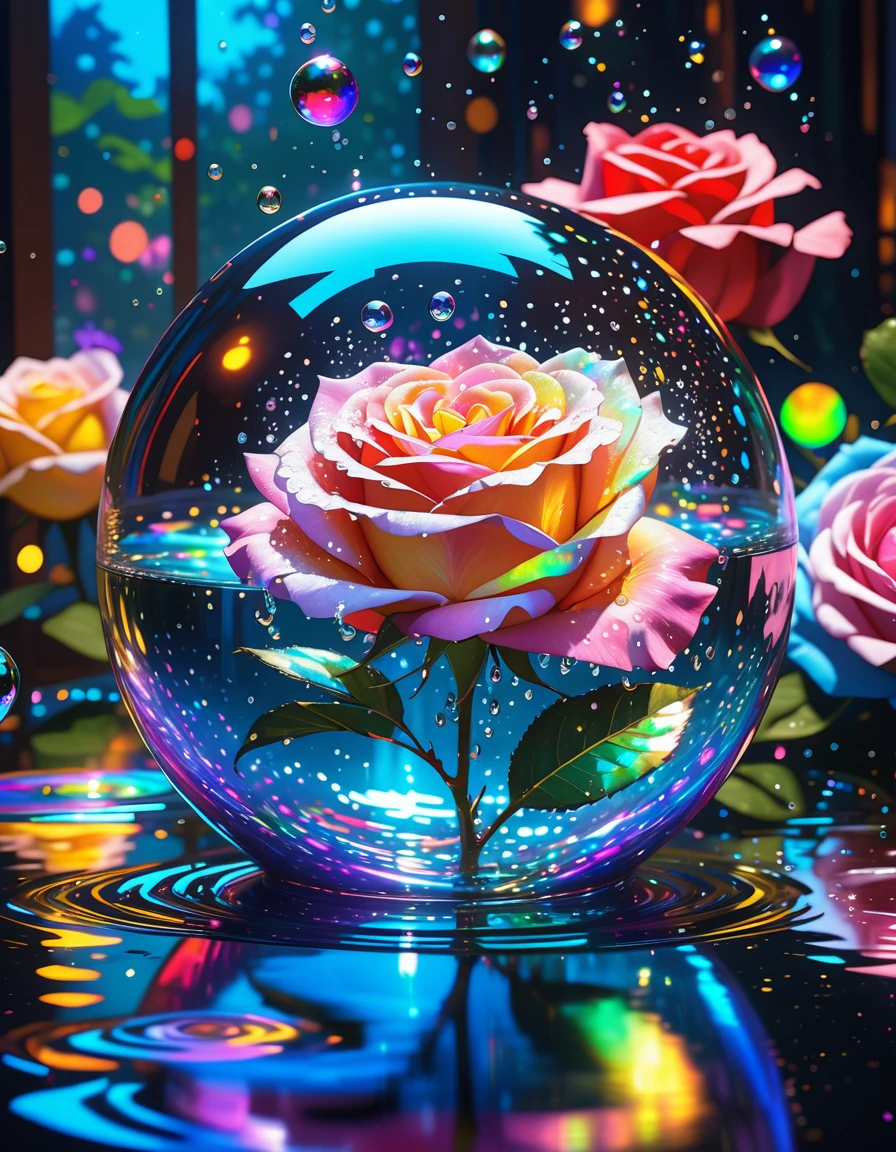 ((masterpiece, highest quality, Highest image quality, High resolution, photorealistic, Extremely detailed CG)), Iridescent Enchanted Rose with lights, Rose in Glass Dome. Rainbow light prism effect, Iridescent Indirect lighting, Prismatic Night Light, Crystal Iridescent lights effect, humans not appear, (floating water droplets, colorful splashes), colorful bubbles, Illuminated by Iridescent light, Crystal-like surface reflecting, Light caustics effect, Fantastic art, Dreamy Painting, (high saturation)