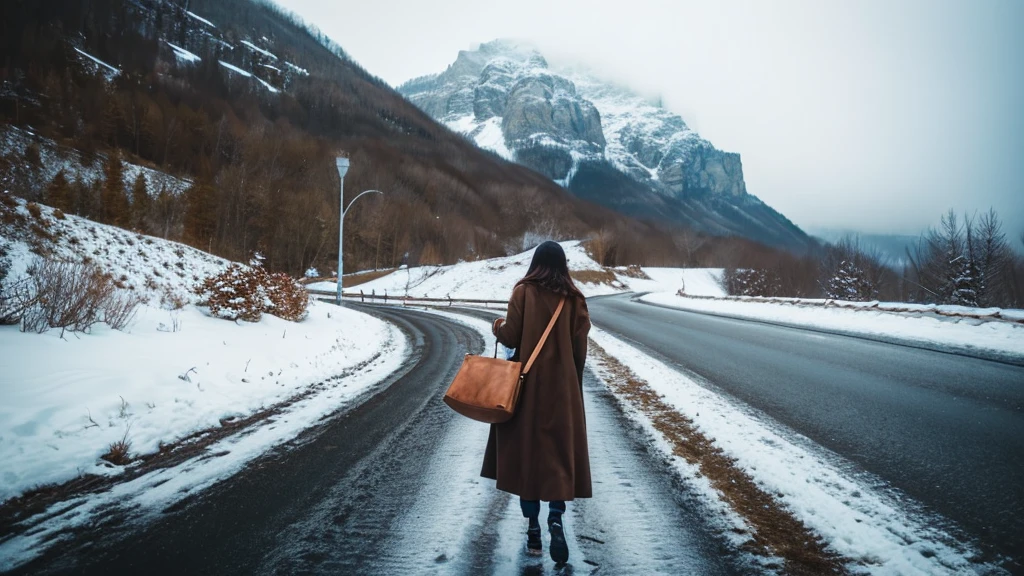 Highest quality、masterpiece、8k、Europe、In the snow、A road to a castle、(((Europeの大きな城)))、(((Fantastic landscape)))、Snow is falling、A young woman heading towards the castle、Back view、French、so beautiful、very detailed face、22 years old、Snow is piled up all over the place、((The snow on the road is deep))、The woman is carrying a large brown bag、middle agesの服、long black coat、middle ages、(((There&#39;s a fog all around)))、evening、The castle lights come on