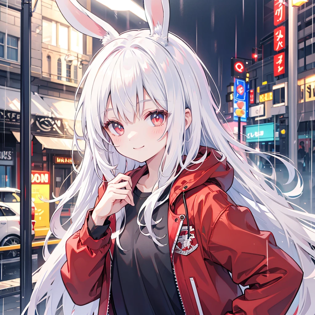 Cool guy, bunny ears, white hair ,red jacket, black shirt, smile, rainy