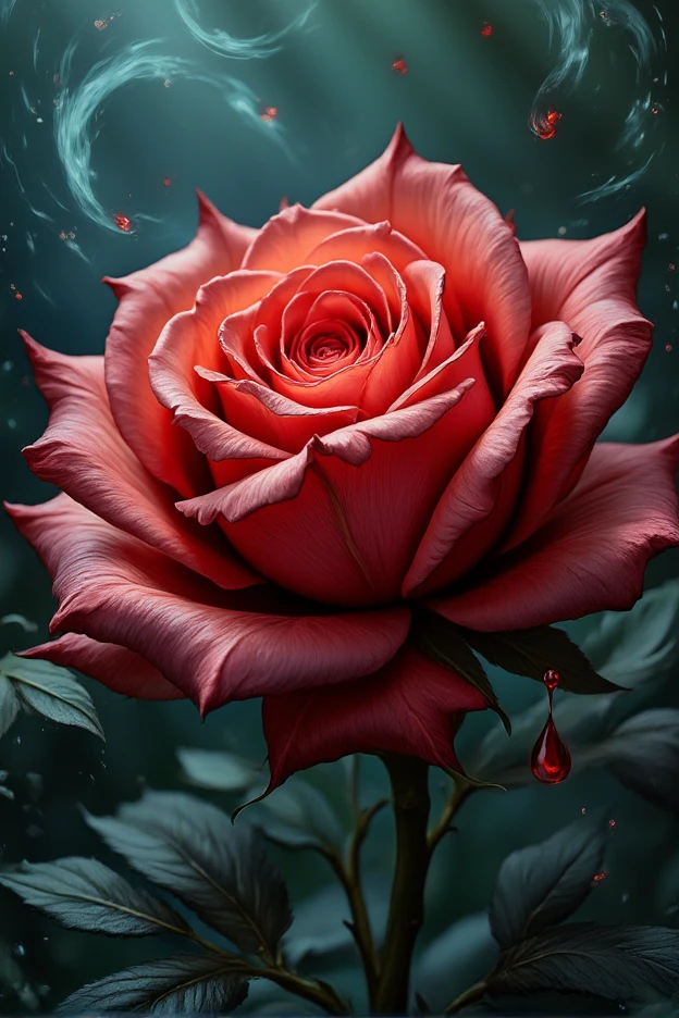 score_9, score_8_up, score_7, arafed high details, best quality, 16k, (ultra detailed: 1.5), masterpiece, best quality, (extremely detailed), RAW, dnd art, fantasy art, an close up picture of a rose, there is a drop of blood on its thorn dynamic fantasy background, hyp3rd3tail style