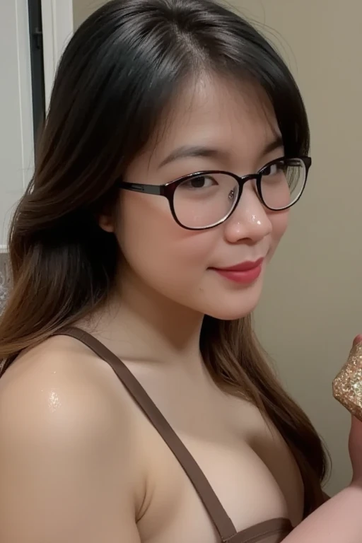 (masterpiece, best quality:1.2), 1girl, a girl wearing lingerie with gown, thigh-highs, solo, black hair, phuong, big boob, cleavage, ((glasses:1.2)), mole on breast, cum on face, cum on body, cmshtntp