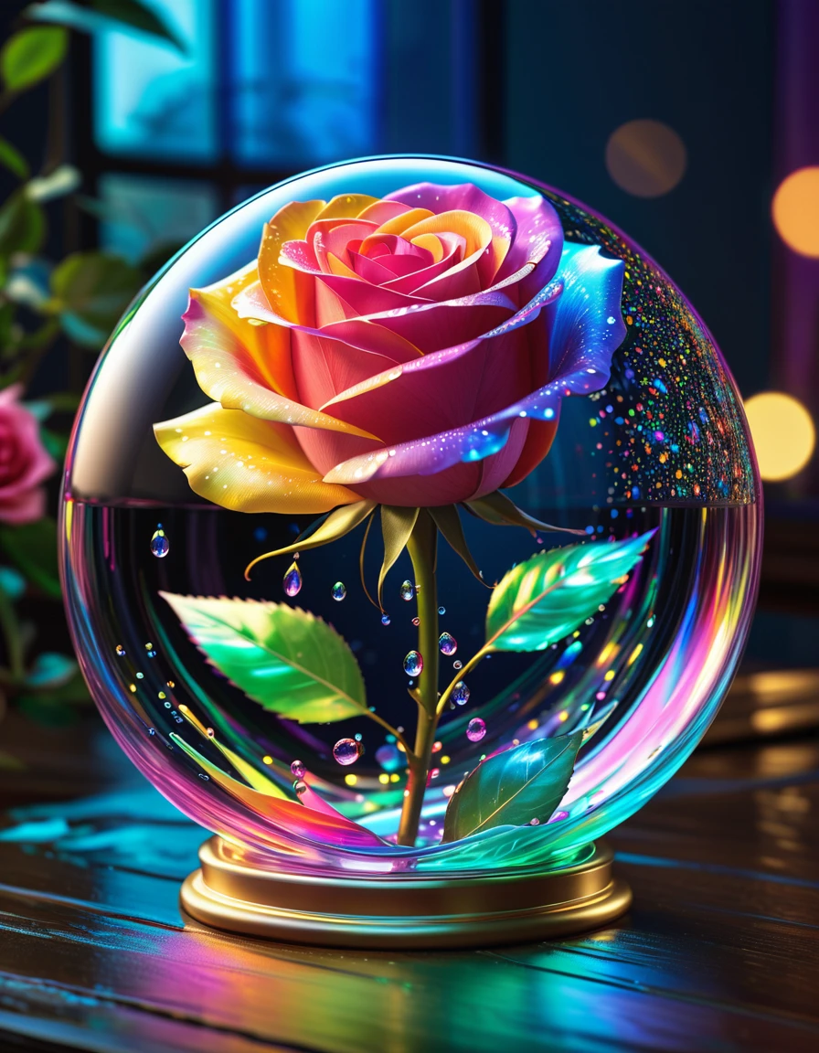 ((masterpiece, highest quality, Highest image quality, High resolution, photorealistic, Extremely detailed CG)), Iridescent Enchanted Rose with lights, Rose in Glass Dome. Rainbow light prism effect, Iridescent Indirect lighting, Prismatic Night Light, Crystal Iridescent lights effect, humans not appear, (floating water droplets, colorful splashes), colorful bubbles, Illuminated by Iridescent light, Crystal-like surface reflecting, Light caustics effect, Fantastic art, Dreamy Painting, (high saturation)